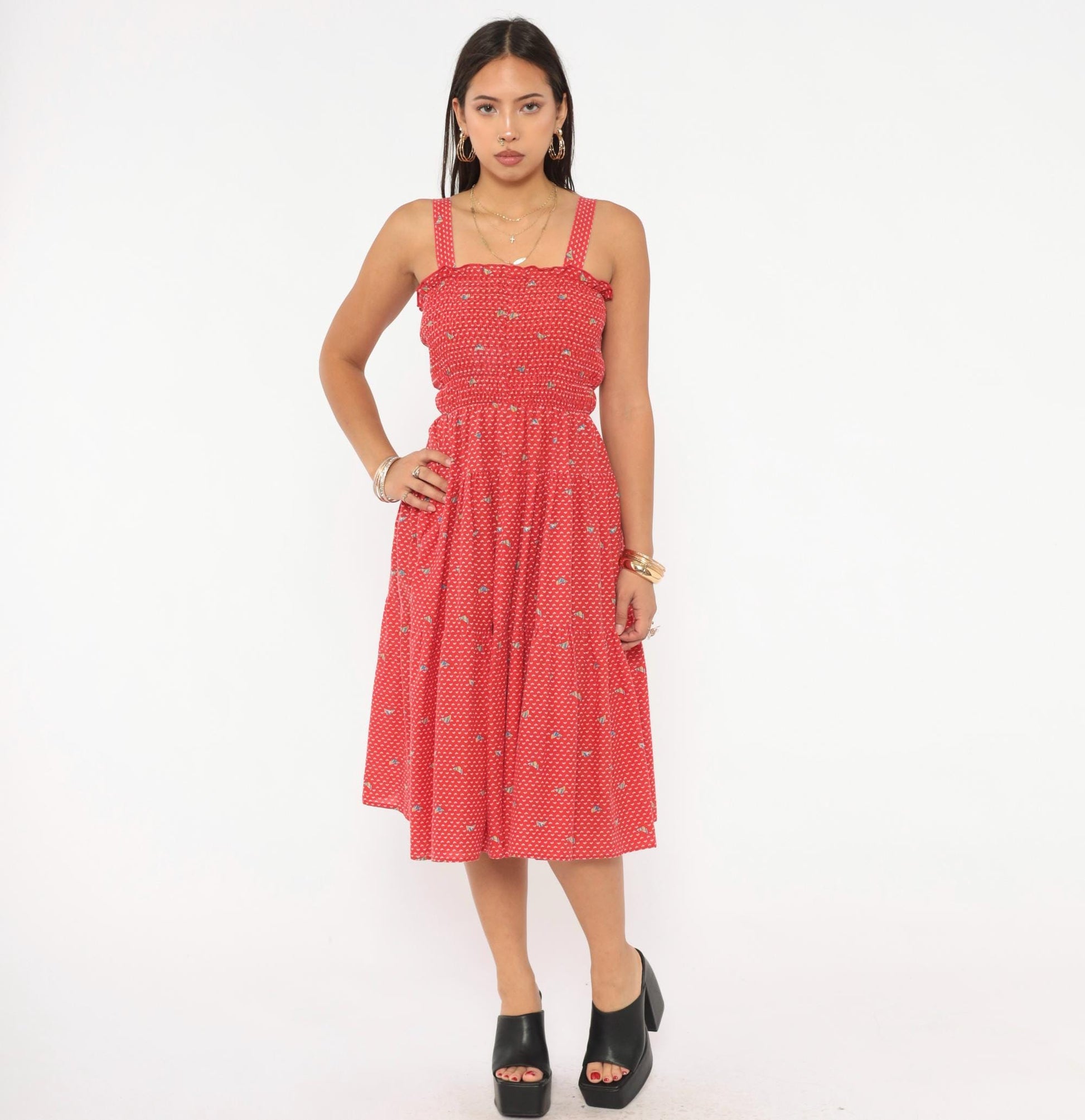70s Red Sailboat Print Sundress Smocked Bodice Cotton Knee Length Medium M