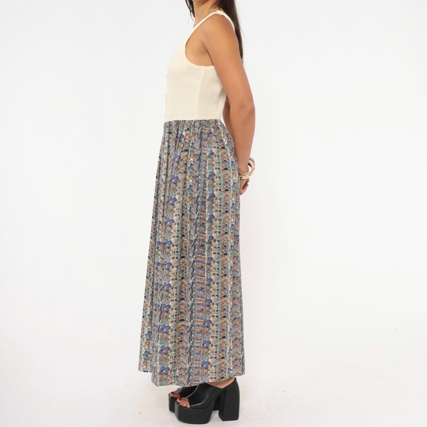 90s Ultimate Blues Maxi Dress Cream Waffle Knit Floral Skirt Medium