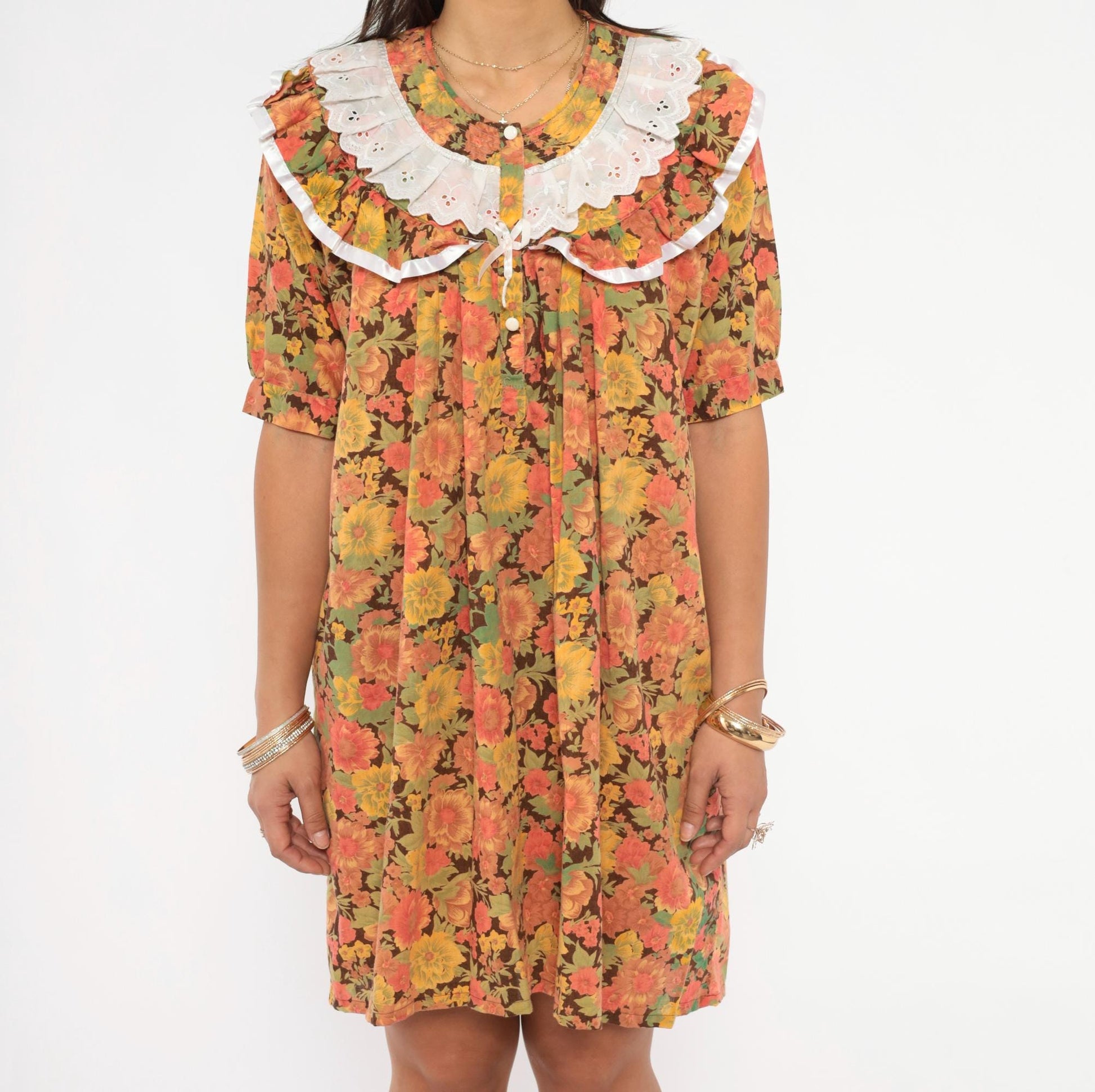 70s Floral Cotton Shift Dress Eyelet Lace Collar Brown Garden Print Mini Medium M