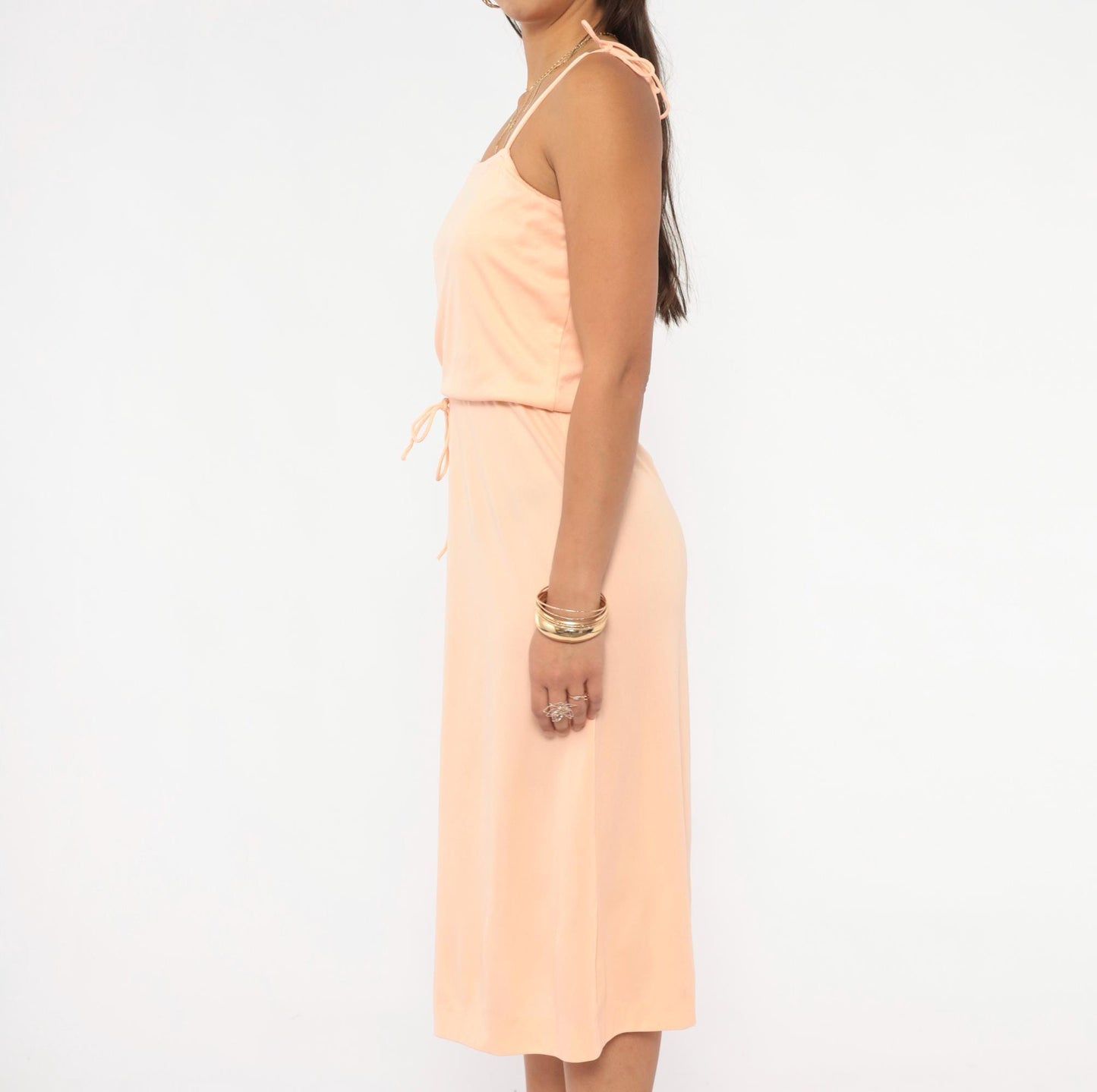 70s Peach Spaghetti Strap Midi Dress Tie Waist Blouson Bodice Small