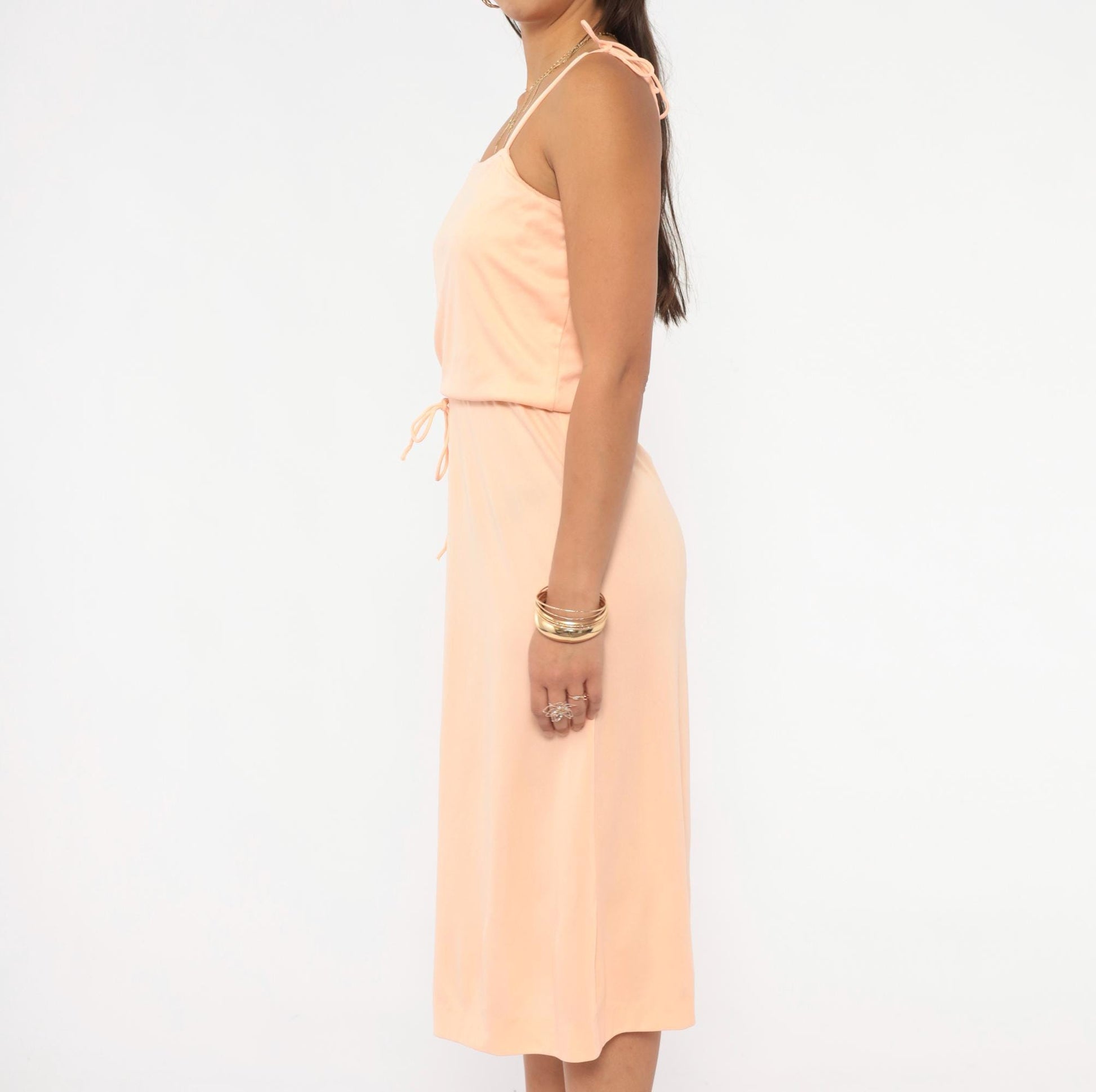 70s Peach Spaghetti Strap Midi Dress Tie Waist Blouson Bodice Small