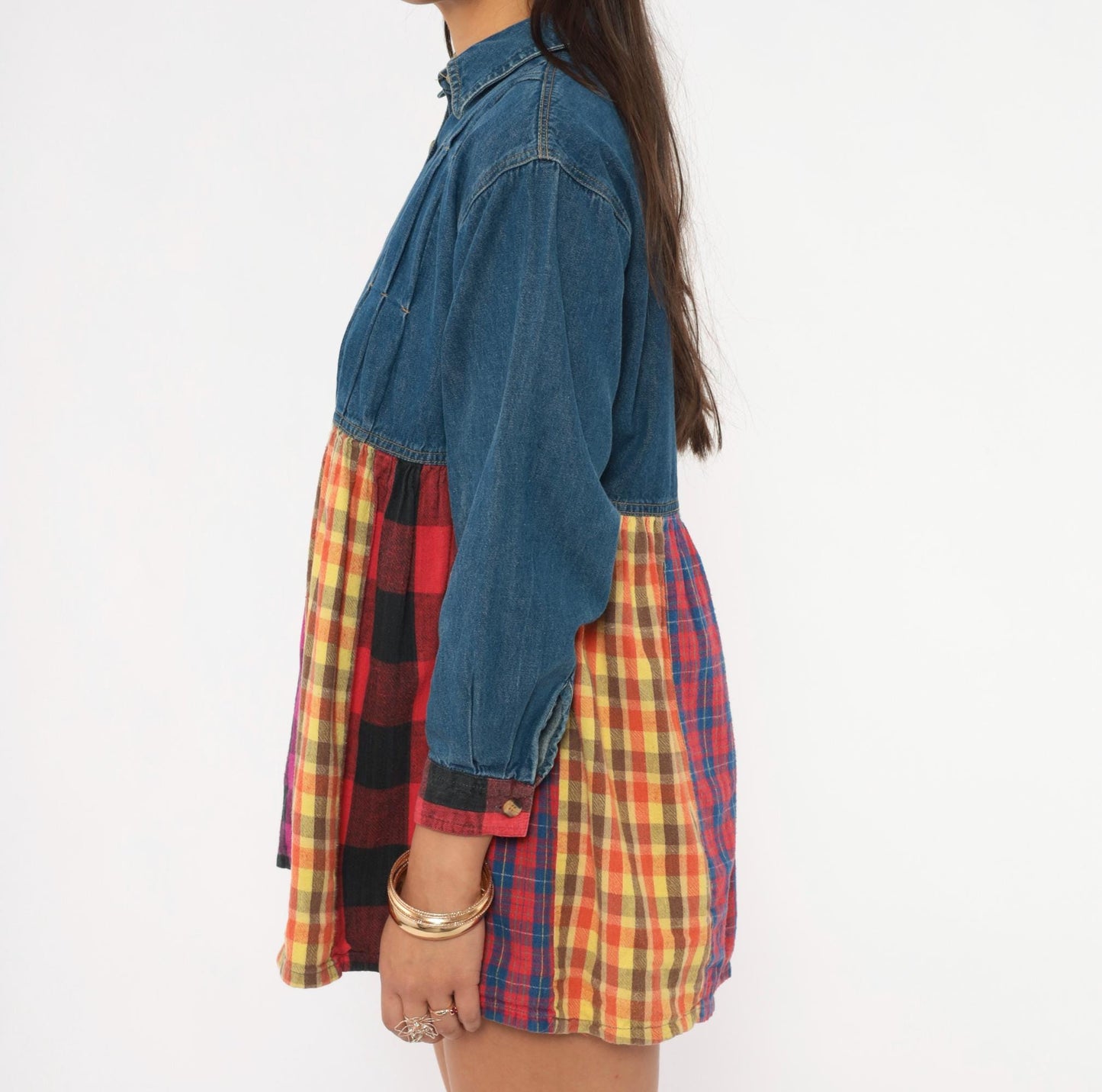 90s American Pop Denim Babydoll Mini Dress Patchwork Plaid Multicolor Extra Small
