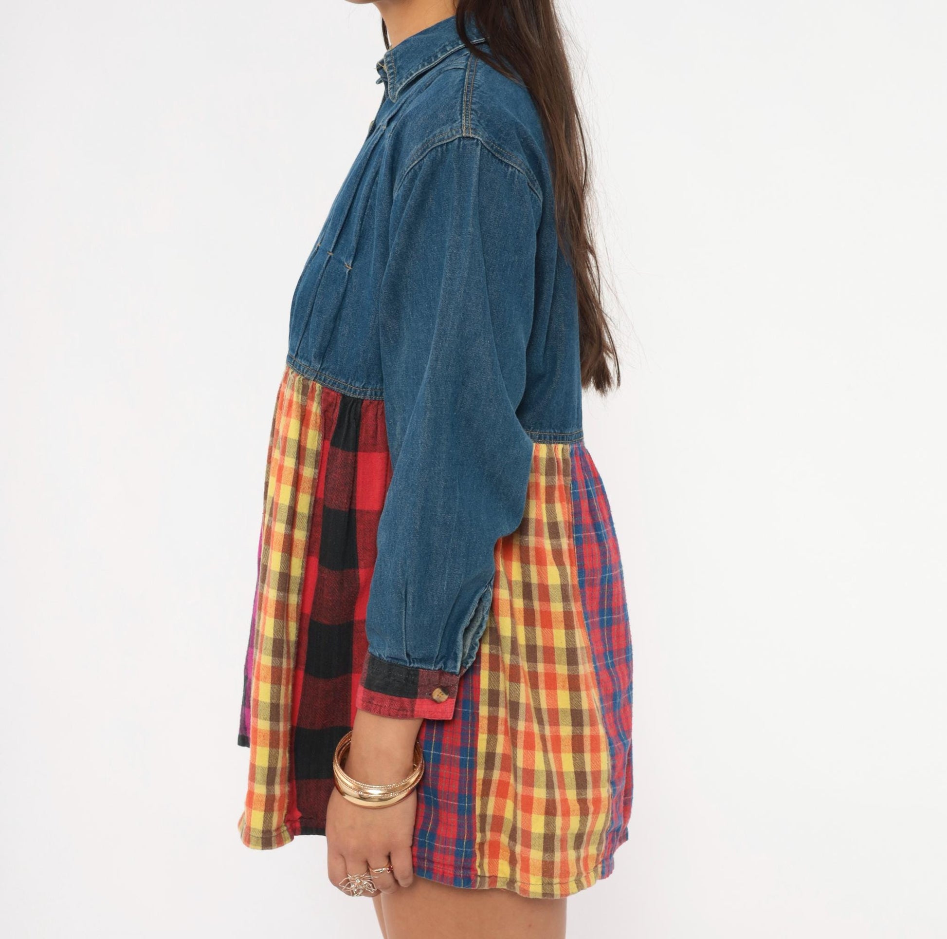 90s American Pop Denim Babydoll Mini Dress Patchwork Plaid Multicolor Extra Small