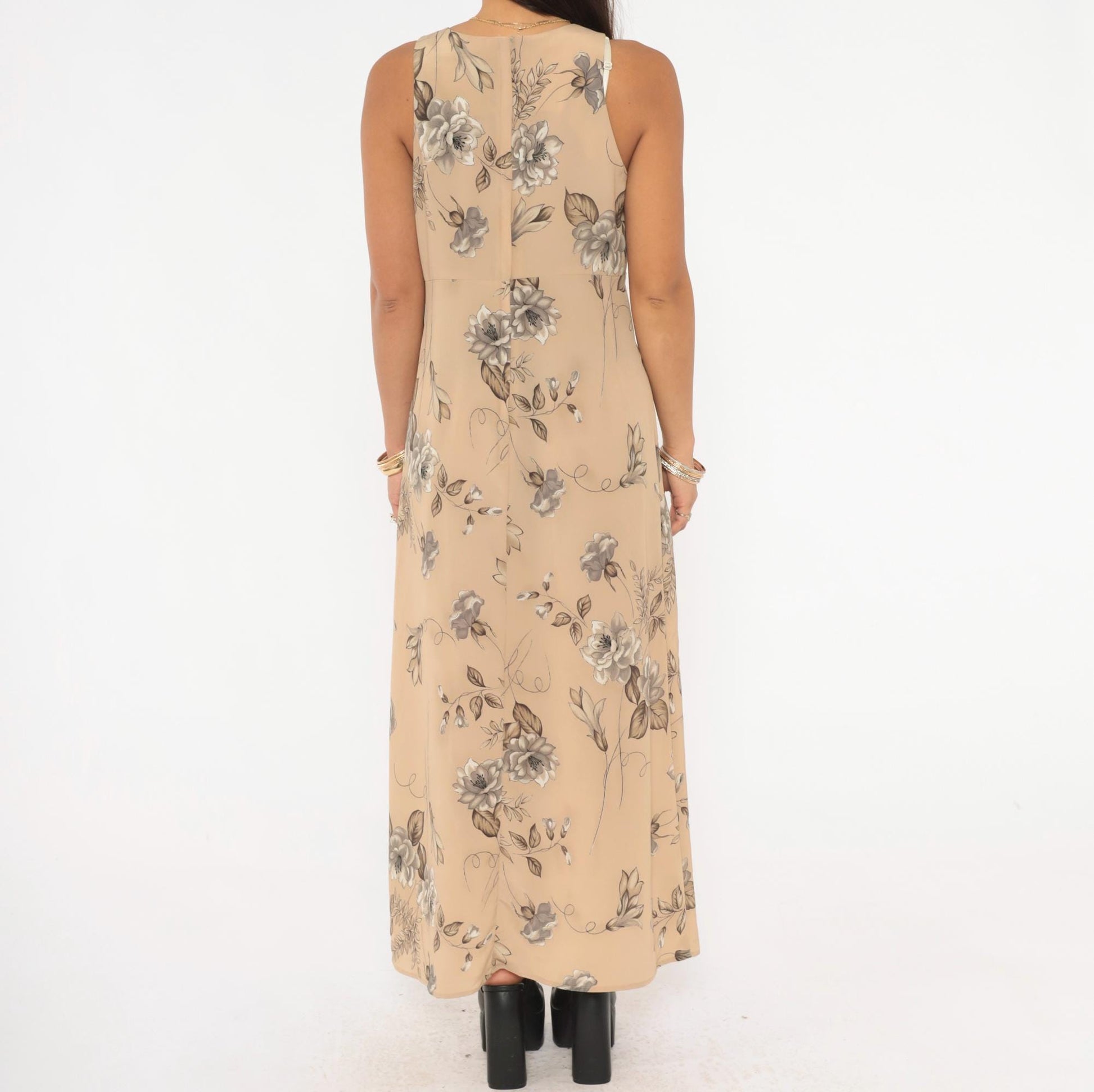 90s Byer Too! Floral Maxi Dress Beige Taupe Sleeveless Medium M