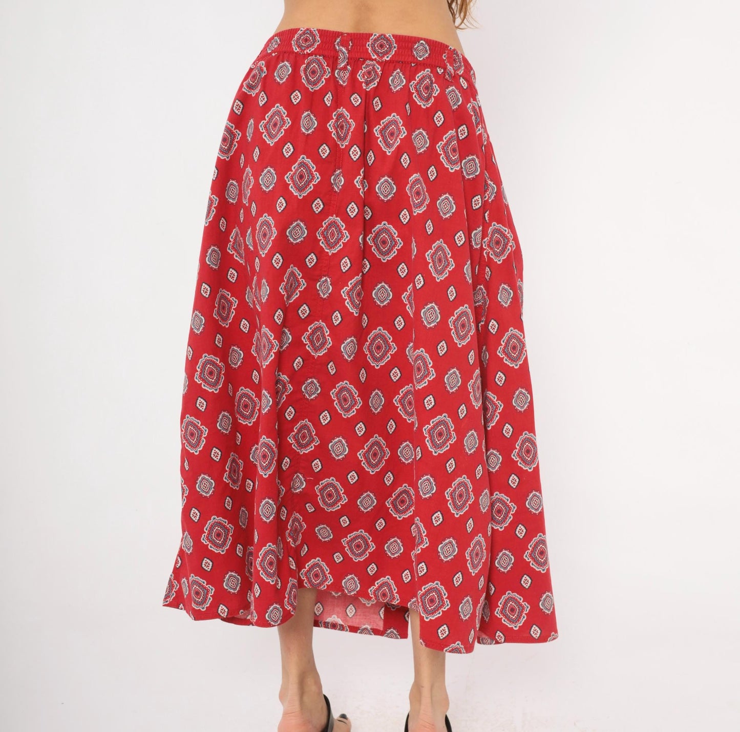 90s Liz Wear Southwestern Midi Skirt Red Medallion Print Cotton Large L