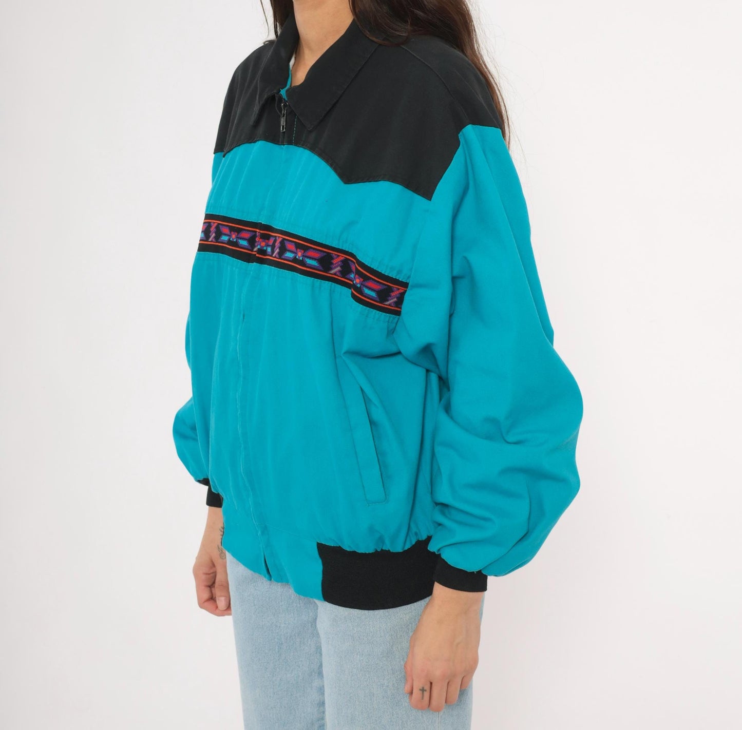 90s Santa Fe Trail Southwestern Bomber Jacket Teal Black Western Yoke Medium