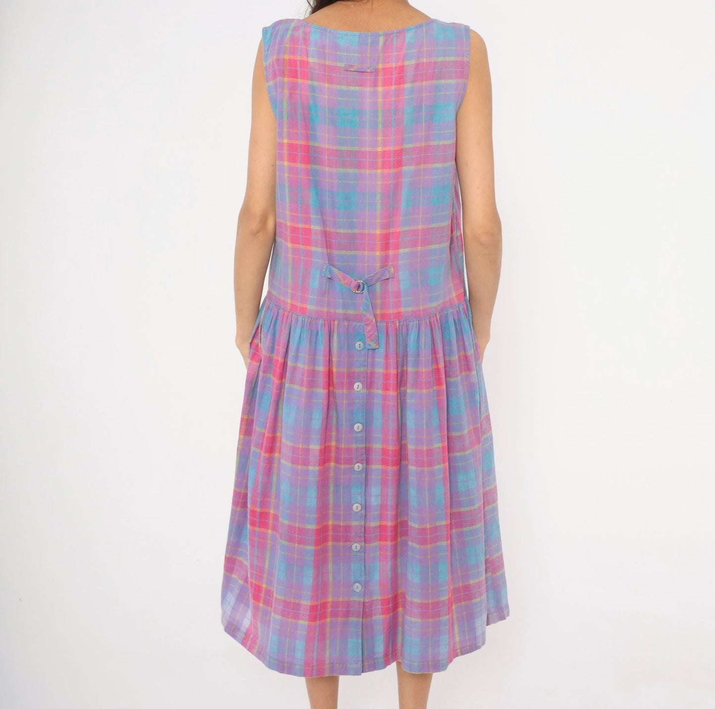 90s Victoria Plaid Cotton Midi Sundress Purple Pink Blue Large L