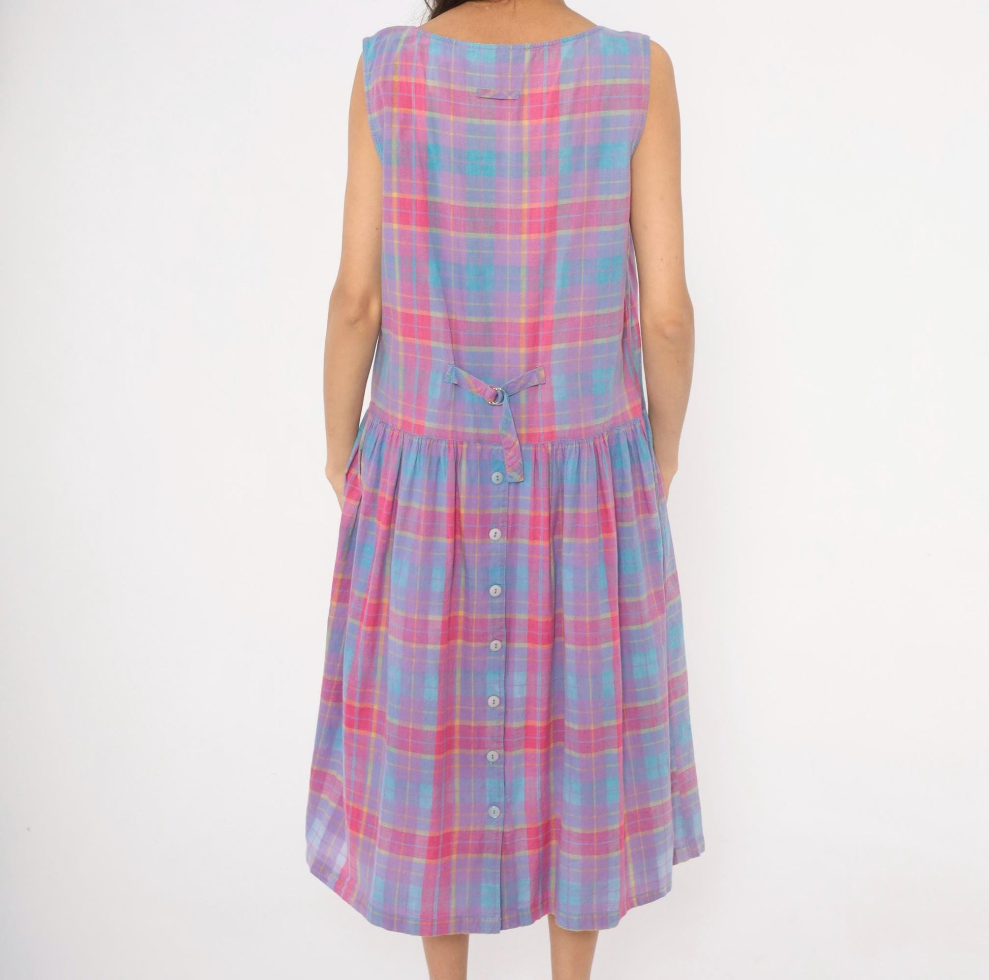90s Victoria Plaid Cotton Midi Sundress Purple Pink Blue Large L