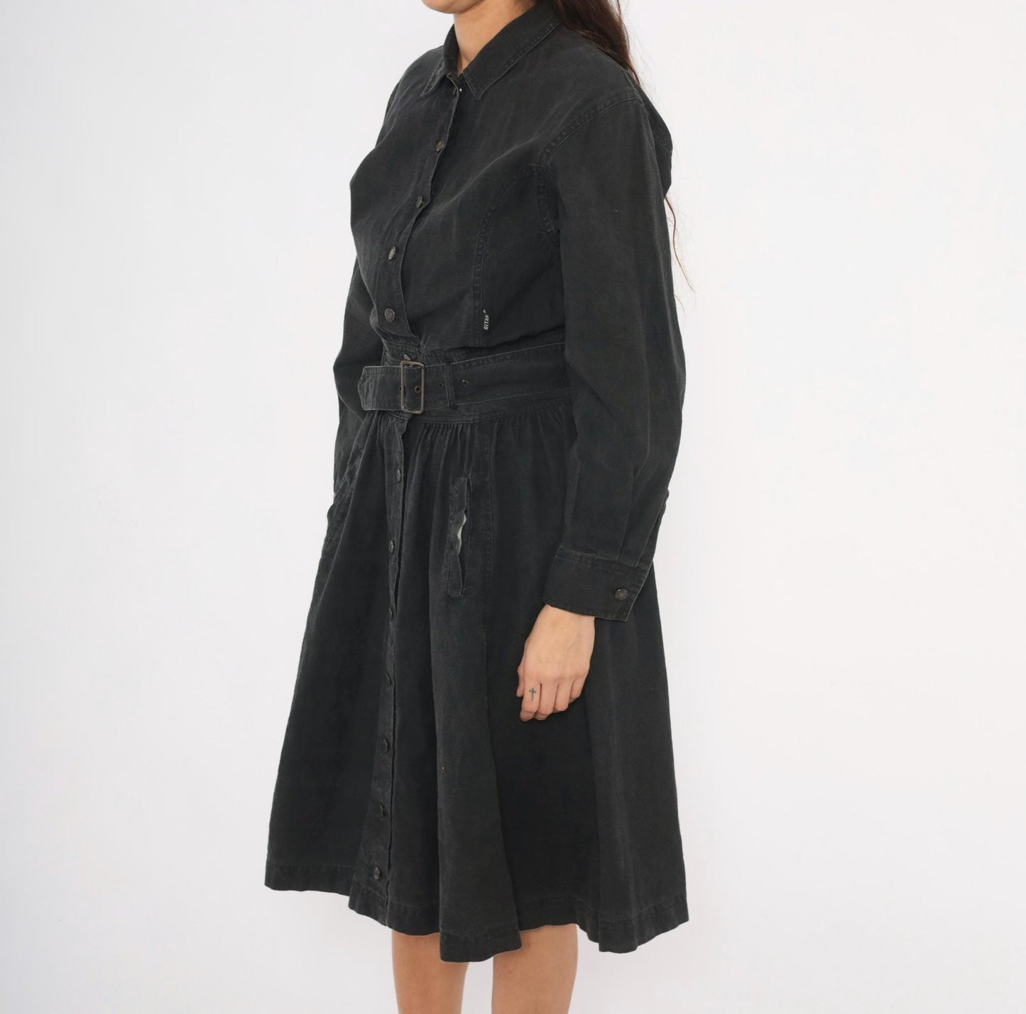 90s Gitano Black Denim Shirtdress Belted A-Line Gathered Skirt Medium M