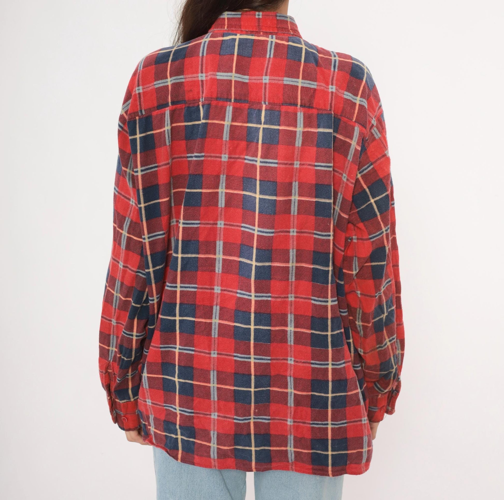 90s Saugatuck Red Navy Plaid Flannel Shirt Cotton Point Collar Extra Large XL