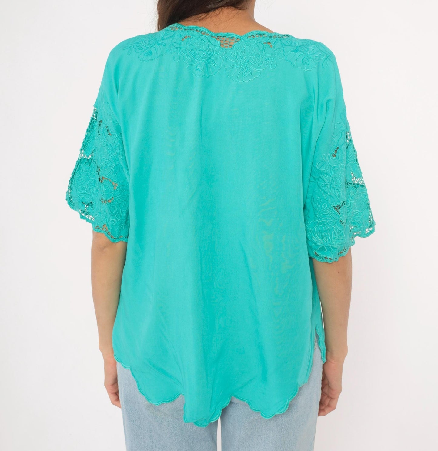 80s Bali Emerald Teal Cutwork Lace Blouse Floral Embroidered V-Neck