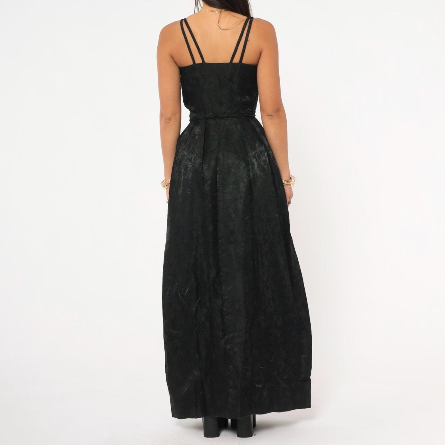 90s Black Jacquard Maxi Gown Double Strap Floral Brocade Floor Length Extra Small XS