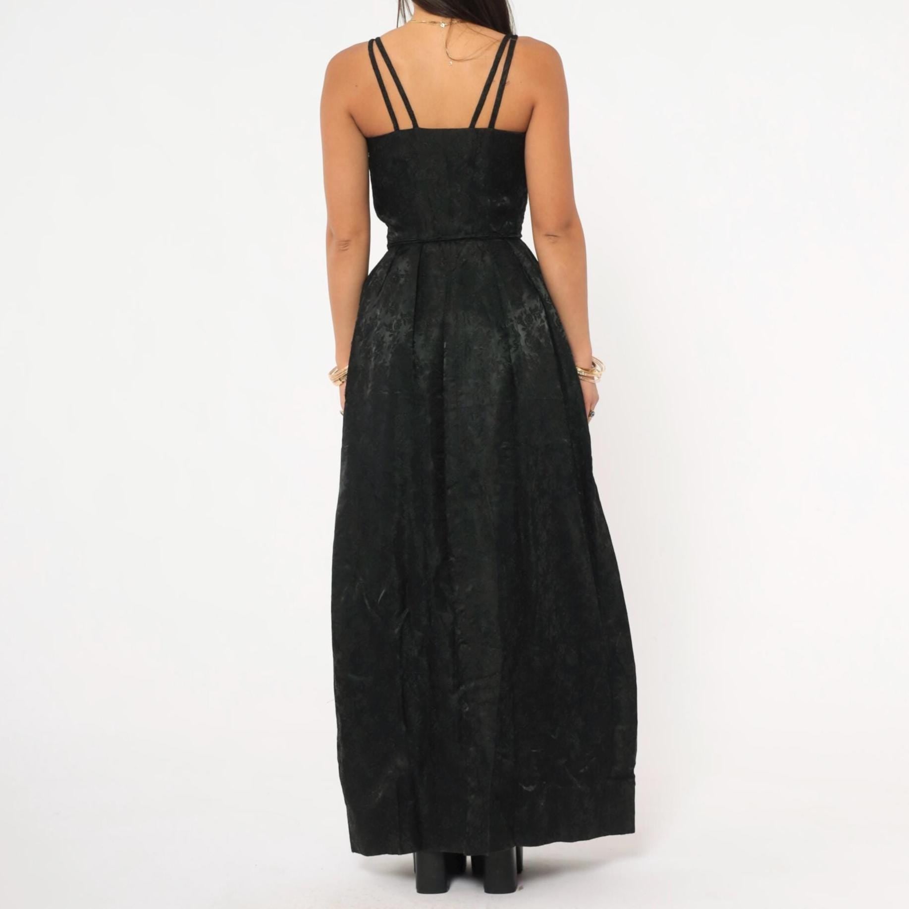 90s Black Jacquard Maxi Gown Double Strap Floral Brocade Floor Length Extra Small XS