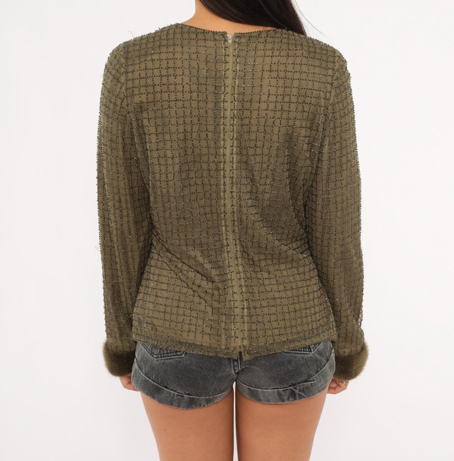 2000s Chetta B Olive Beaded Mesh Top Fur Cuff Blouse Medium M