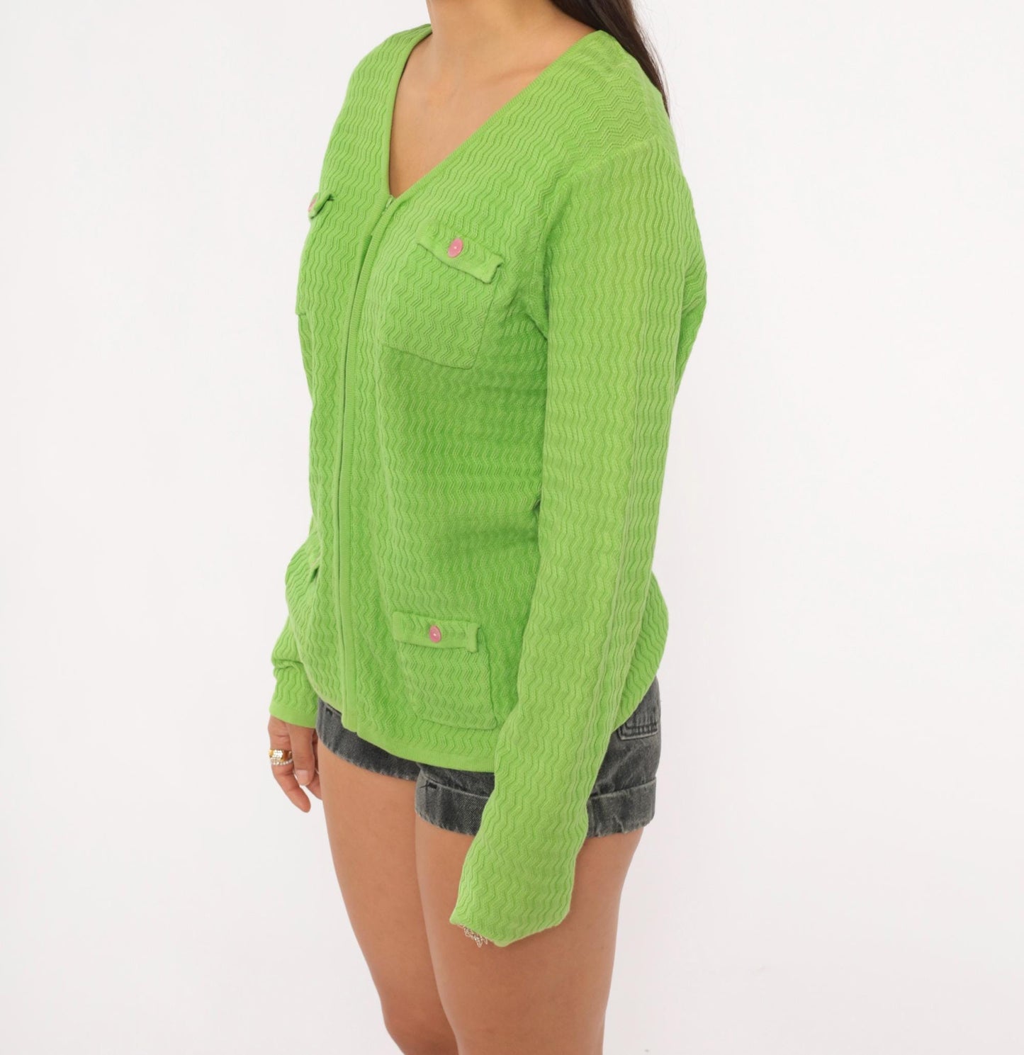 90s Sag Harbor Lime Green Chevron Cardigan Pink Button Pockets Medium M