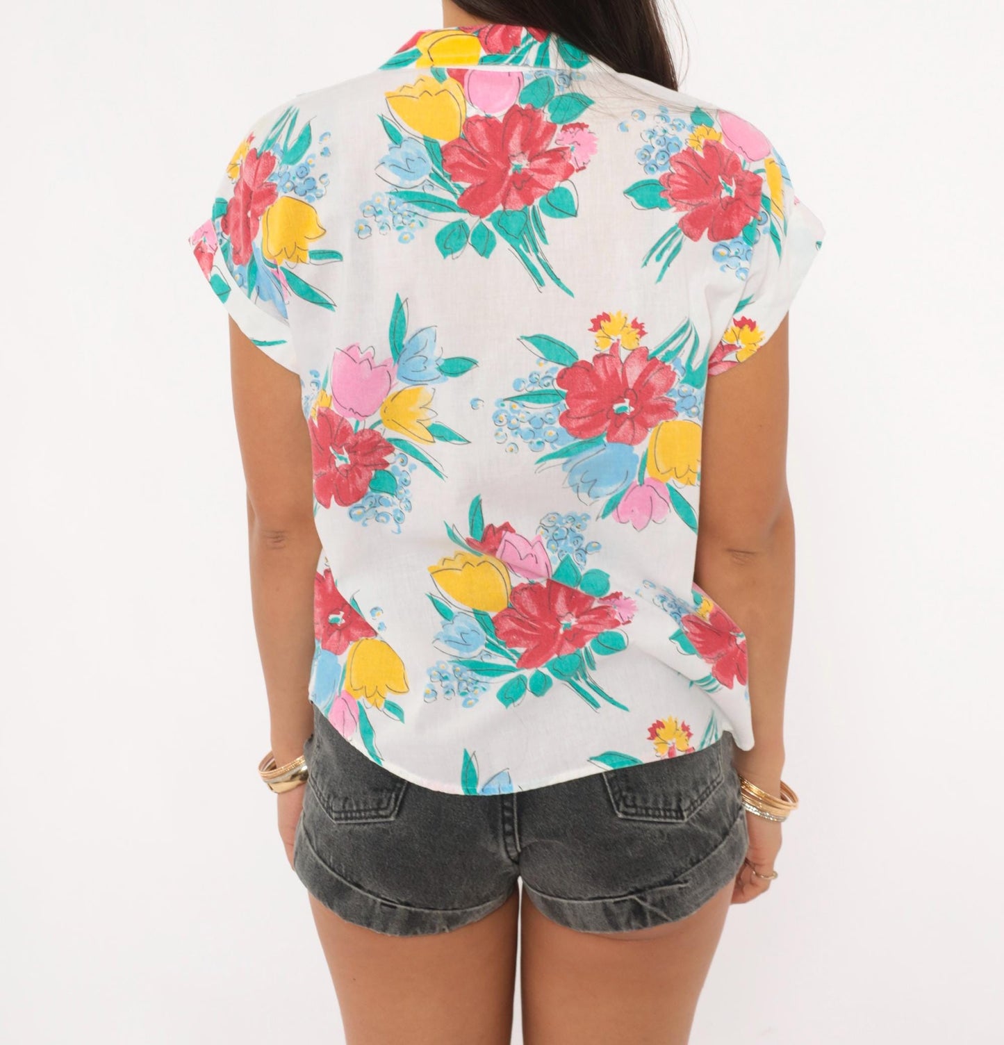 80s Cabrais Floral Button-Up Blouse White Camp Collar Cotton Medium M