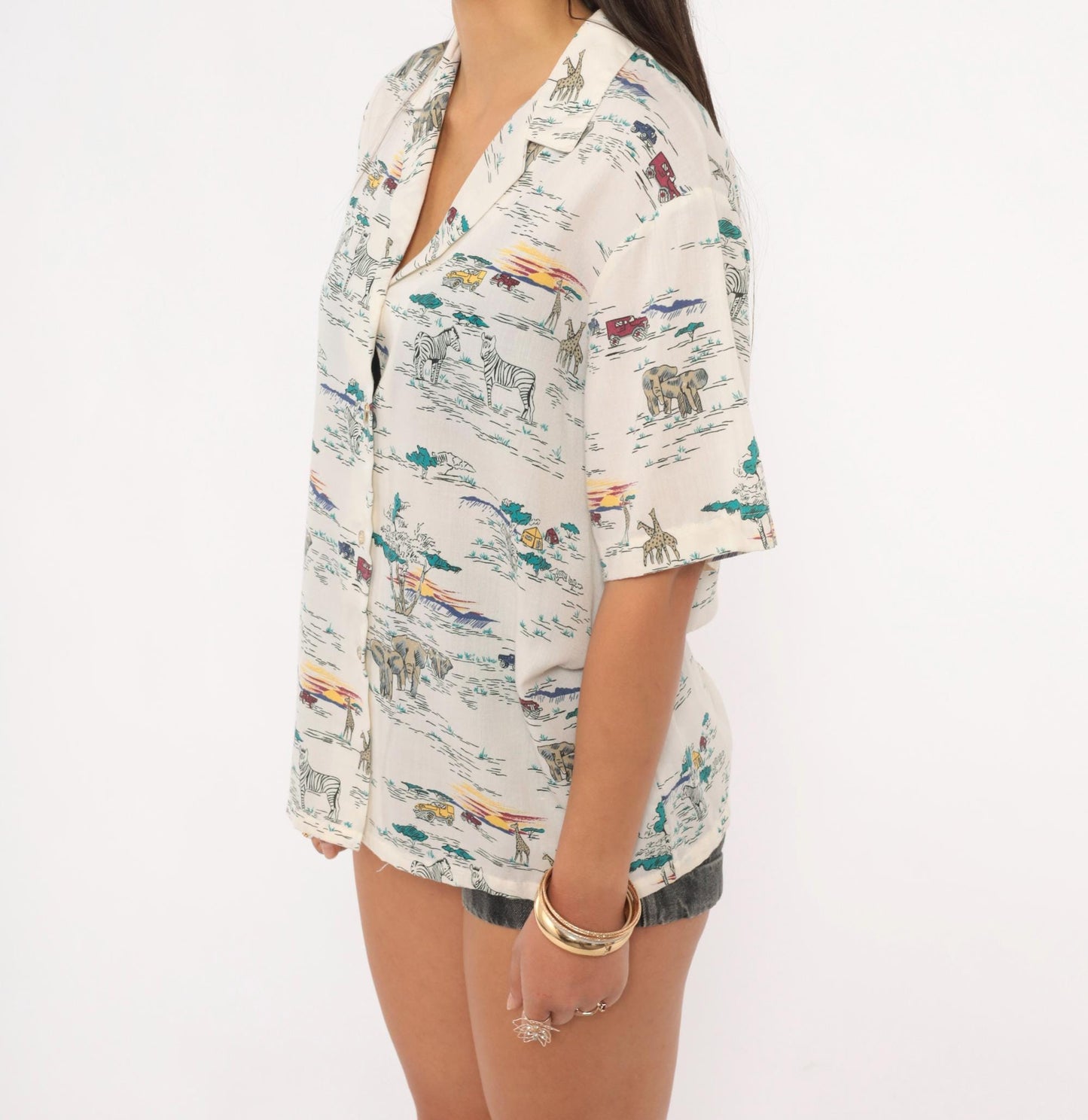 90s Cheryl Tiegs Safari Animal Print Camp Shirt Ivory Cream Large L