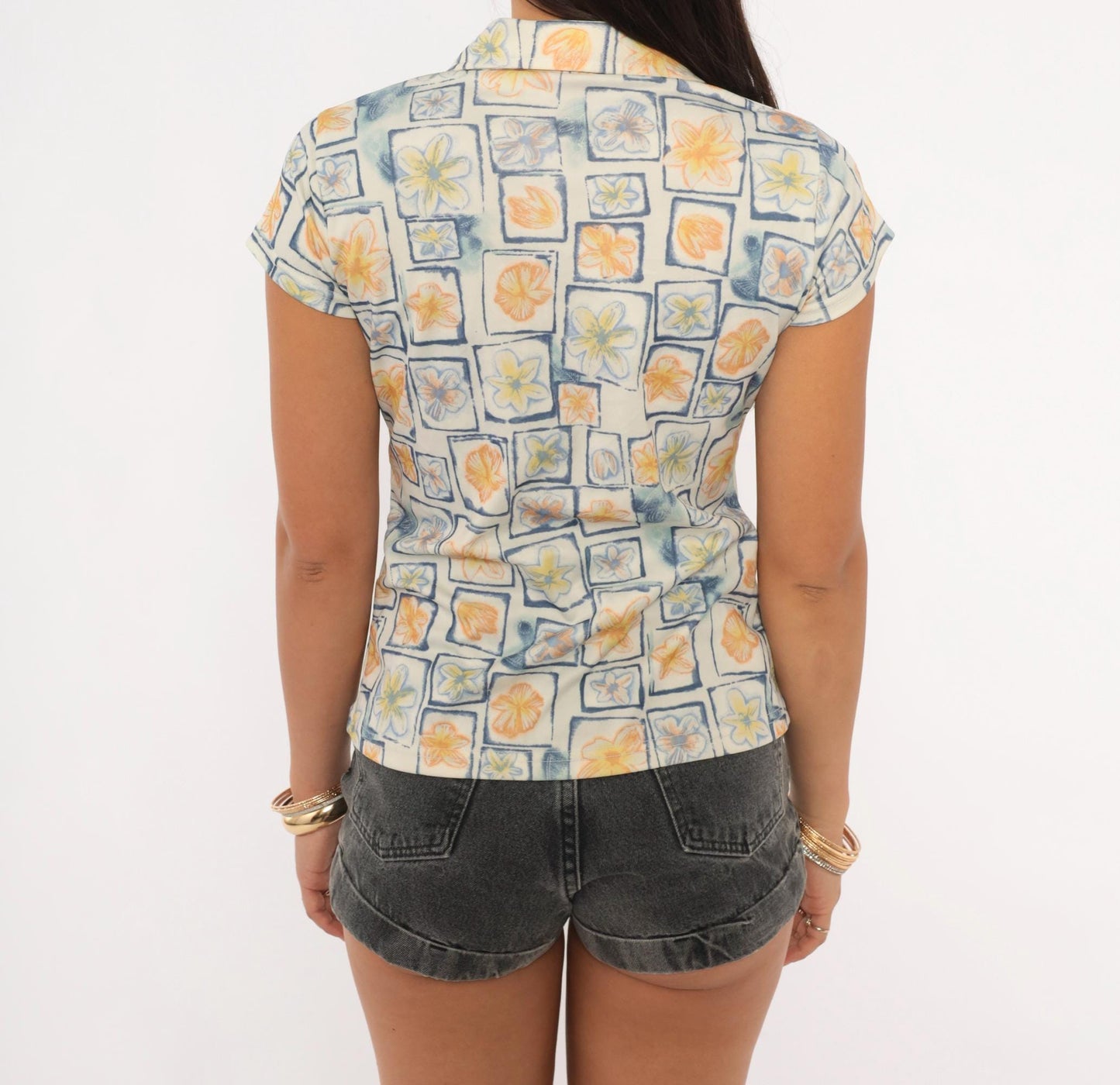2000s Caress Floral Watercolor Blouse Cream Cap Sleeve Camp Collar Small