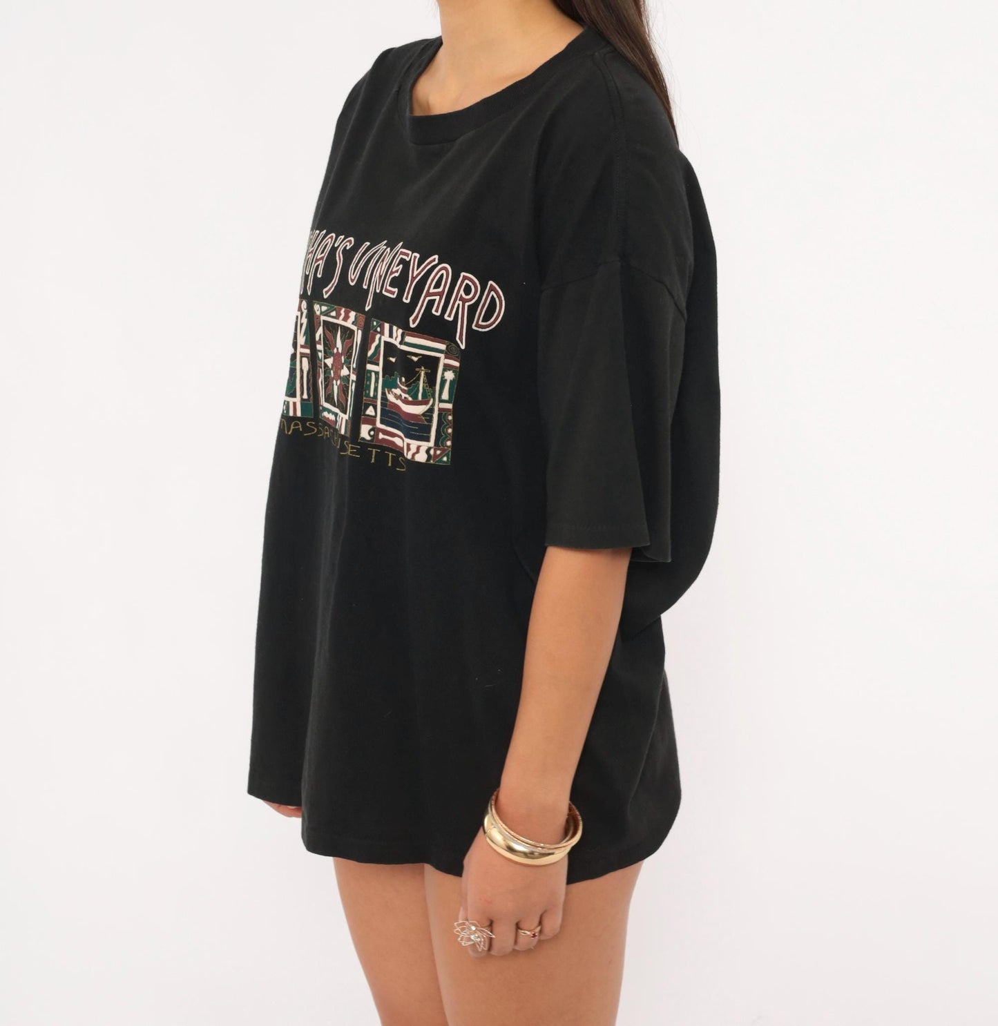 90s Martha's Vineyard Massachusetts Graphic Tee Black Cotton Oneita Large L