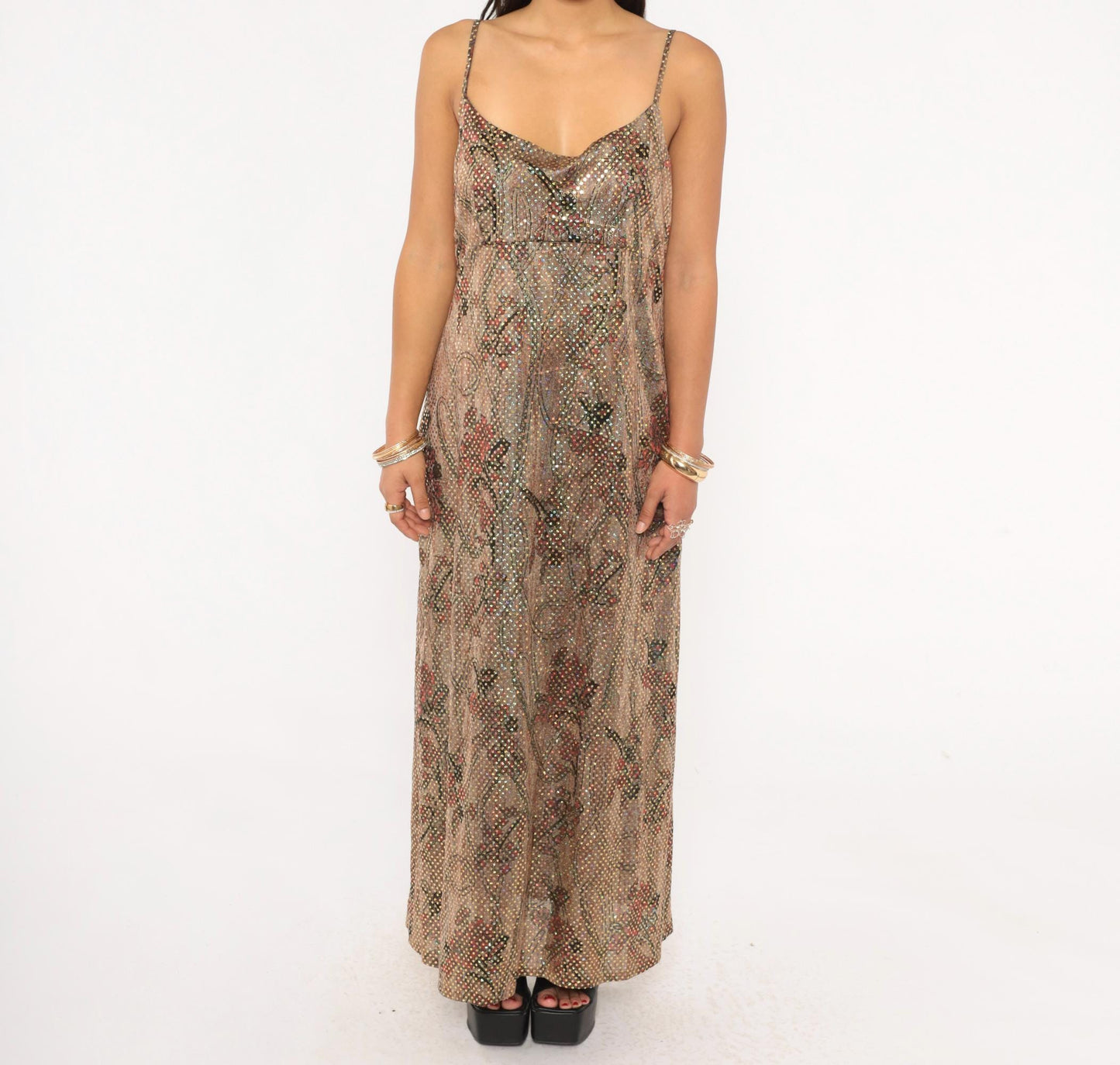 90s Metallic Shimmer Maxi Slip Dress Tan Burgundy Floral Gold Spaghetti Strap Large L