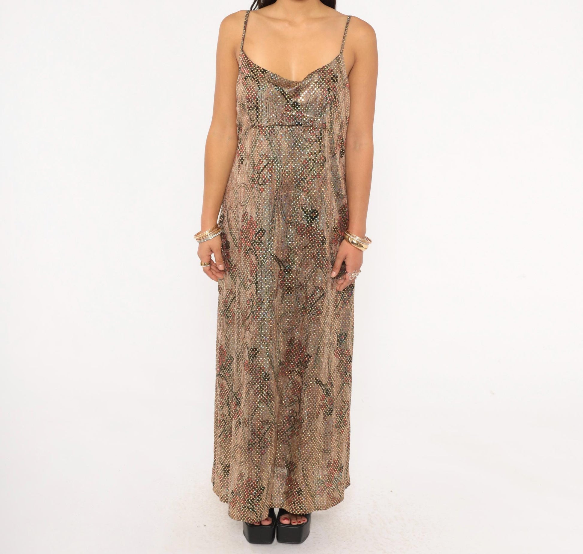 90s Metallic Shimmer Maxi Slip Dress Tan Burgundy Floral Gold Spaghetti Strap Large L