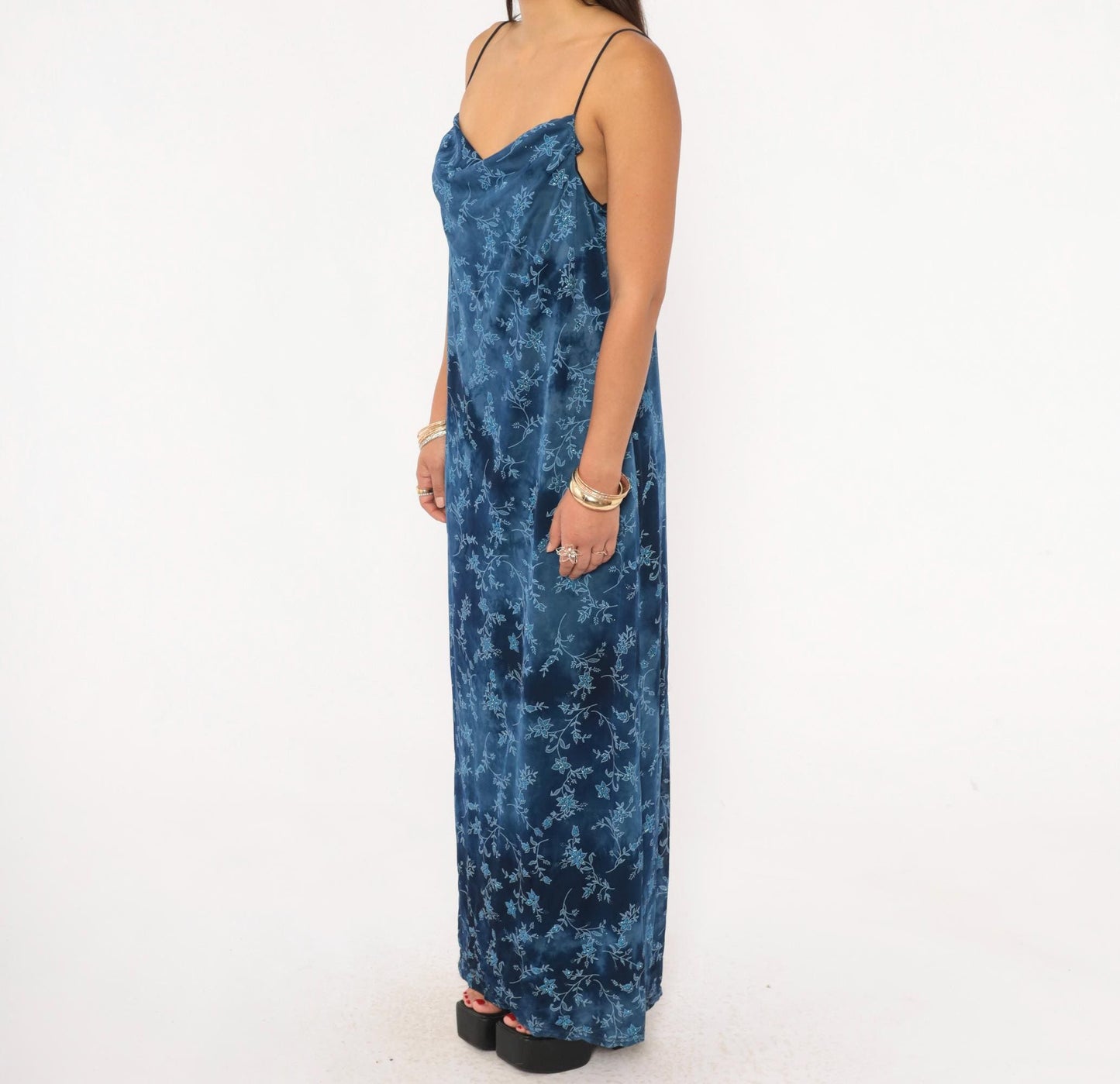 90s Jodi Michaels Navy Floral Maxi Slip Dress Glitter Sweetheart Neckline Large L