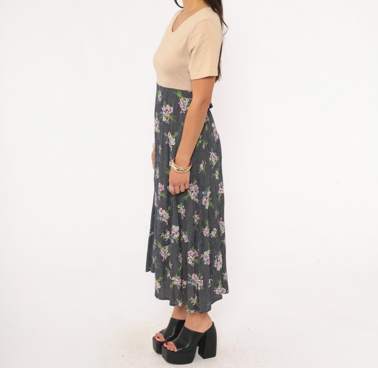 90s Gianfranco Bassi Floral Midi Dress Navy Bouquet Sand Bodice Medium