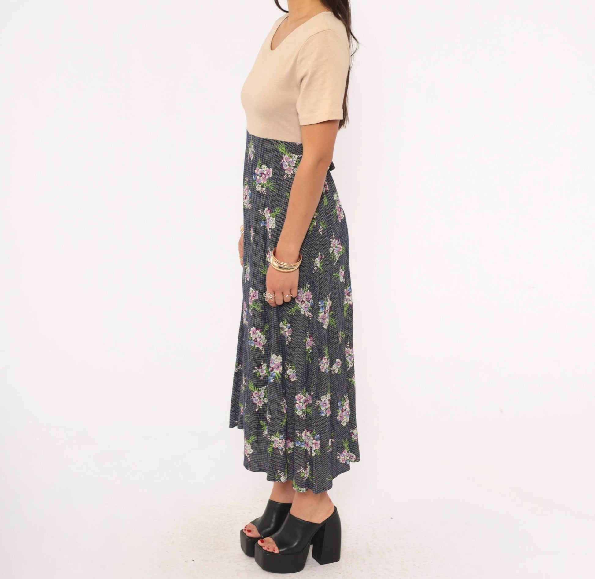 90s Gianfranco Bassi Floral Midi Dress Navy Bouquet Sand Bodice Medium
