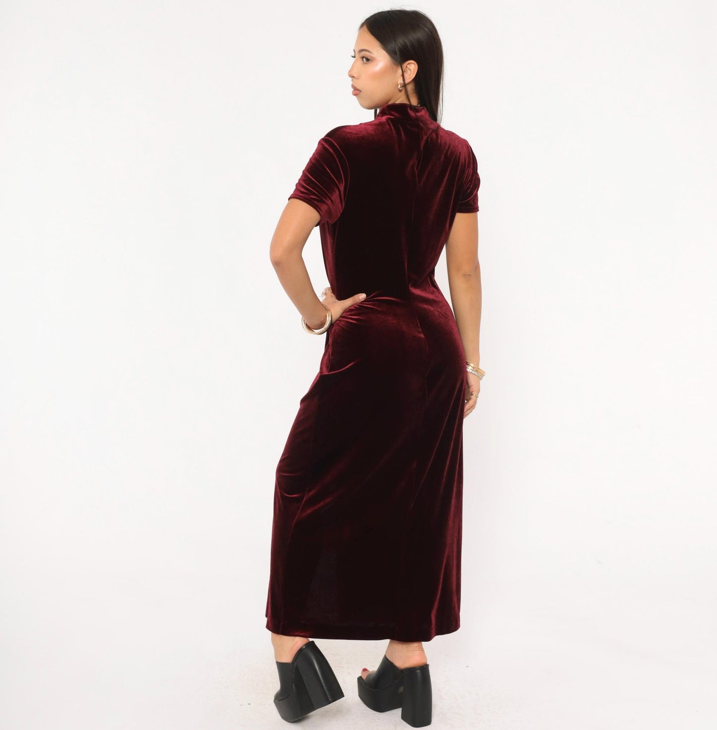 90s Dressing Clio Burgundy Velvet Cheongsam Maxi Dress Mandarin Collar Medium M