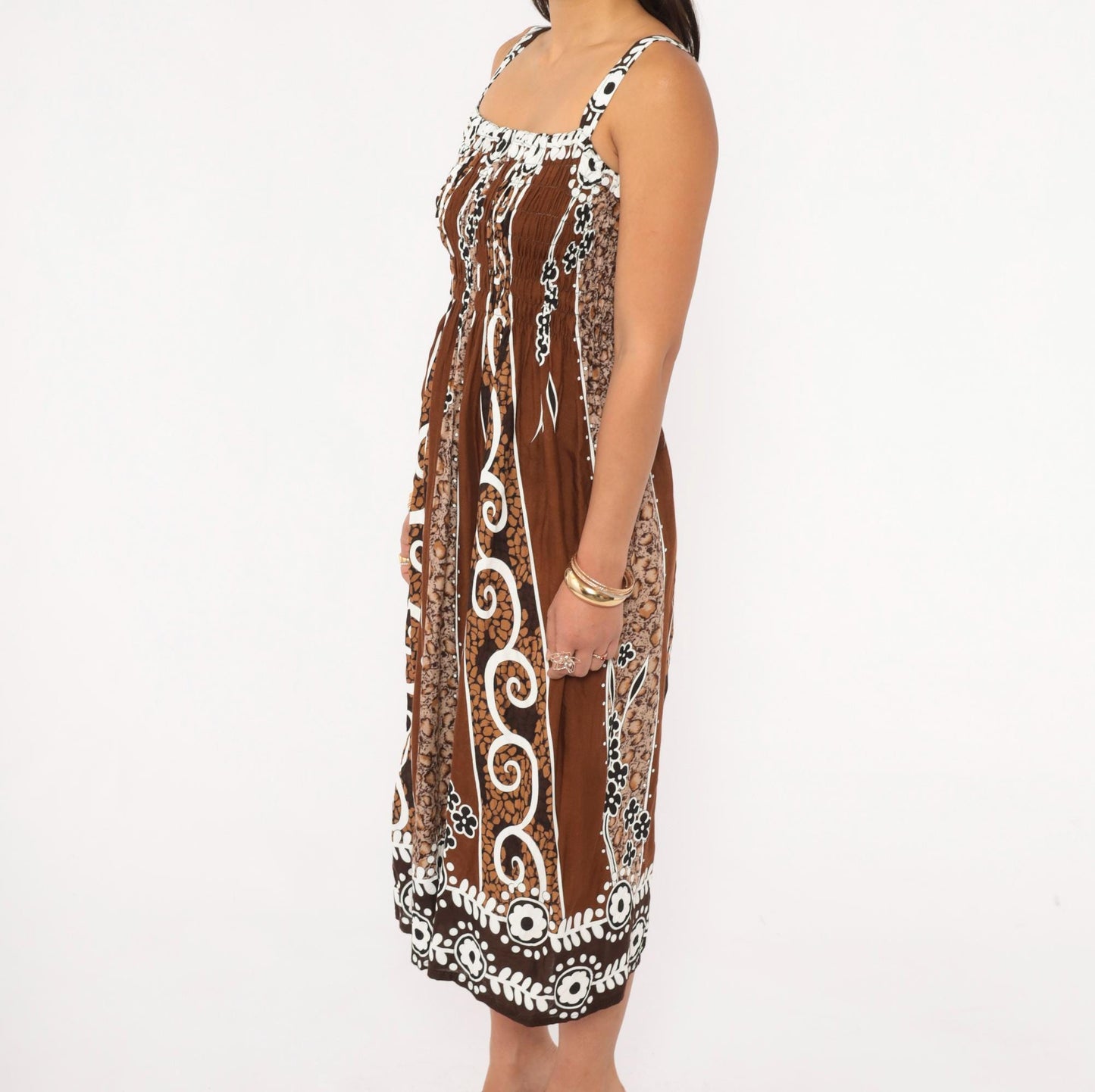 2000s Batik Sundress Brown White Floral Square Neck Cutout Small Medium