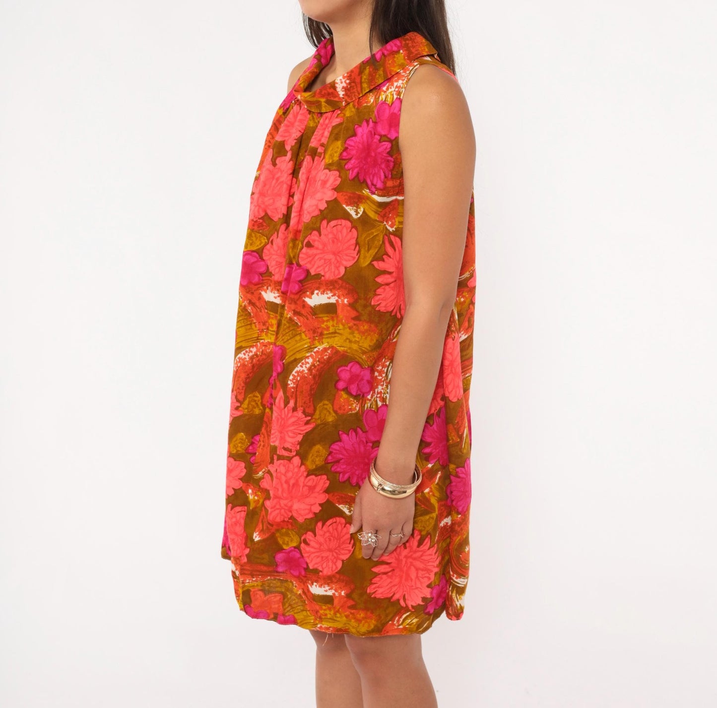 70s Psychedelic Floral Shift Dress Pink Magenta Cowl Neck Mini Cotton Small
