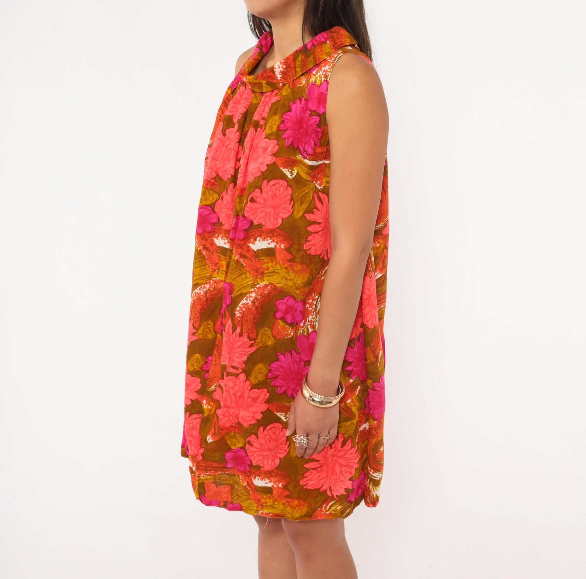 70s Psychedelic Floral Shift Dress Pink Magenta Cowl Neck Mini Cotton Small