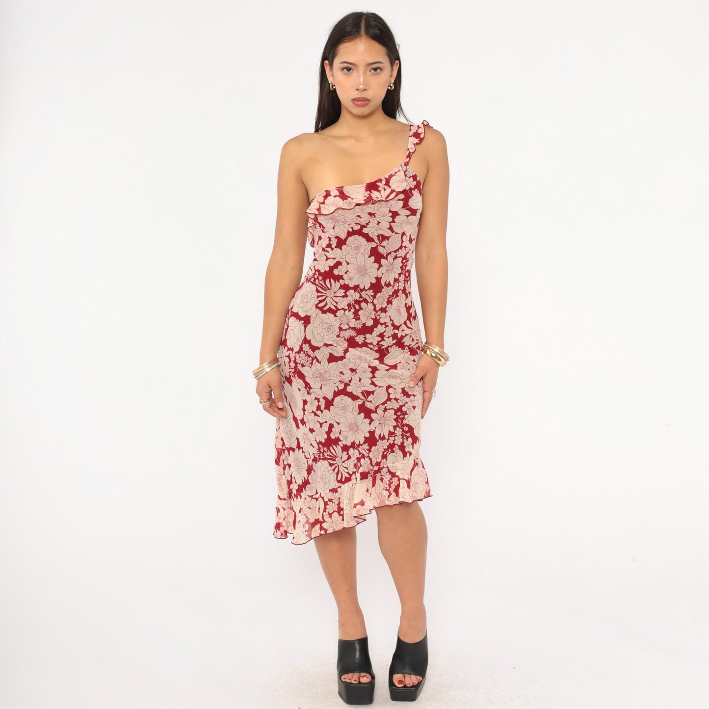 Y2K Debut USA Floral One-Shoulder Dress Red Cream Knee-Length Large L