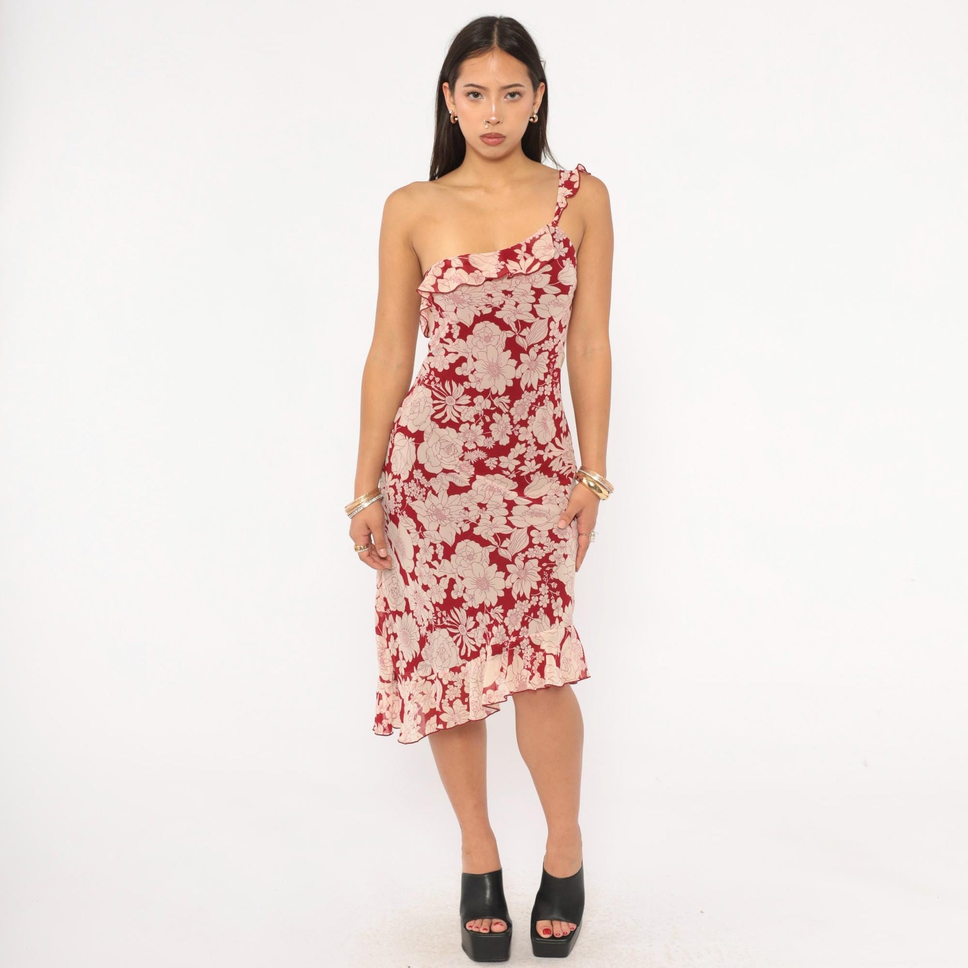 Y2K Debut USA Floral One-Shoulder Dress Red Cream Knee-Length Large L