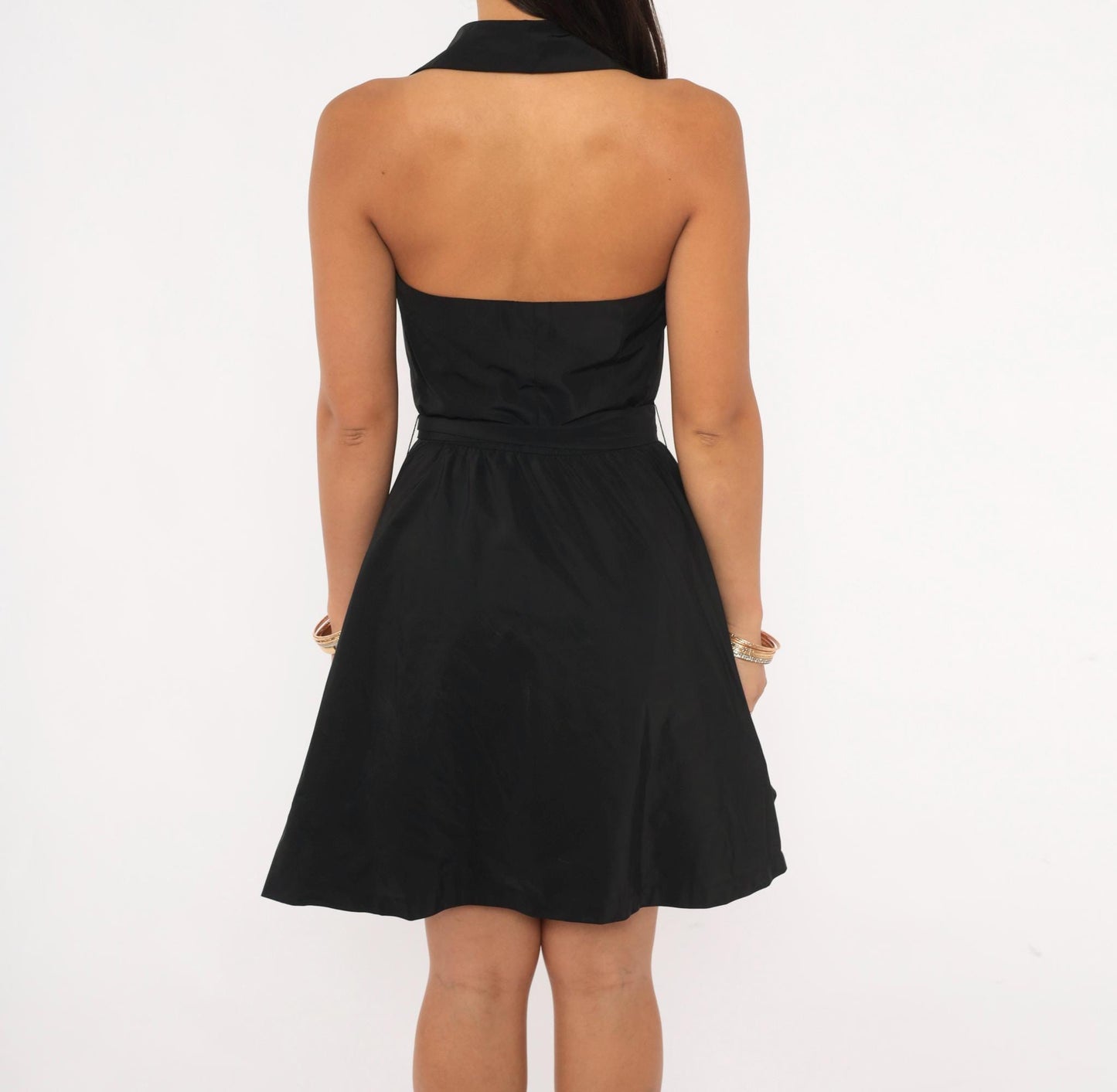Calvin Klein Halter Mini Dress Black Button Front Open Back Tie Waist Extra Small XS