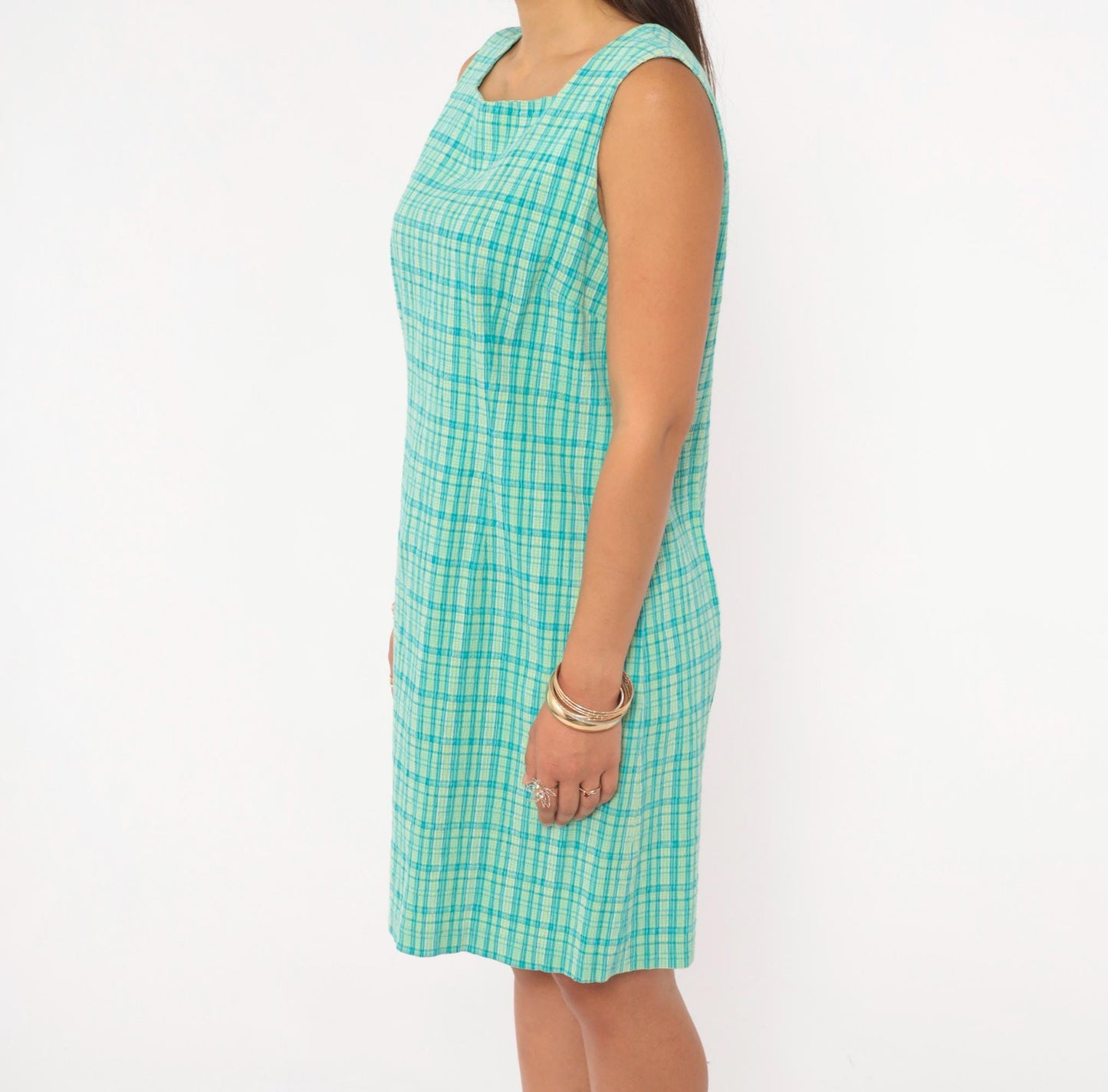 90s Elliott Lauren Plaid Shift Dress Aqua Green Check Square Neck Large L
