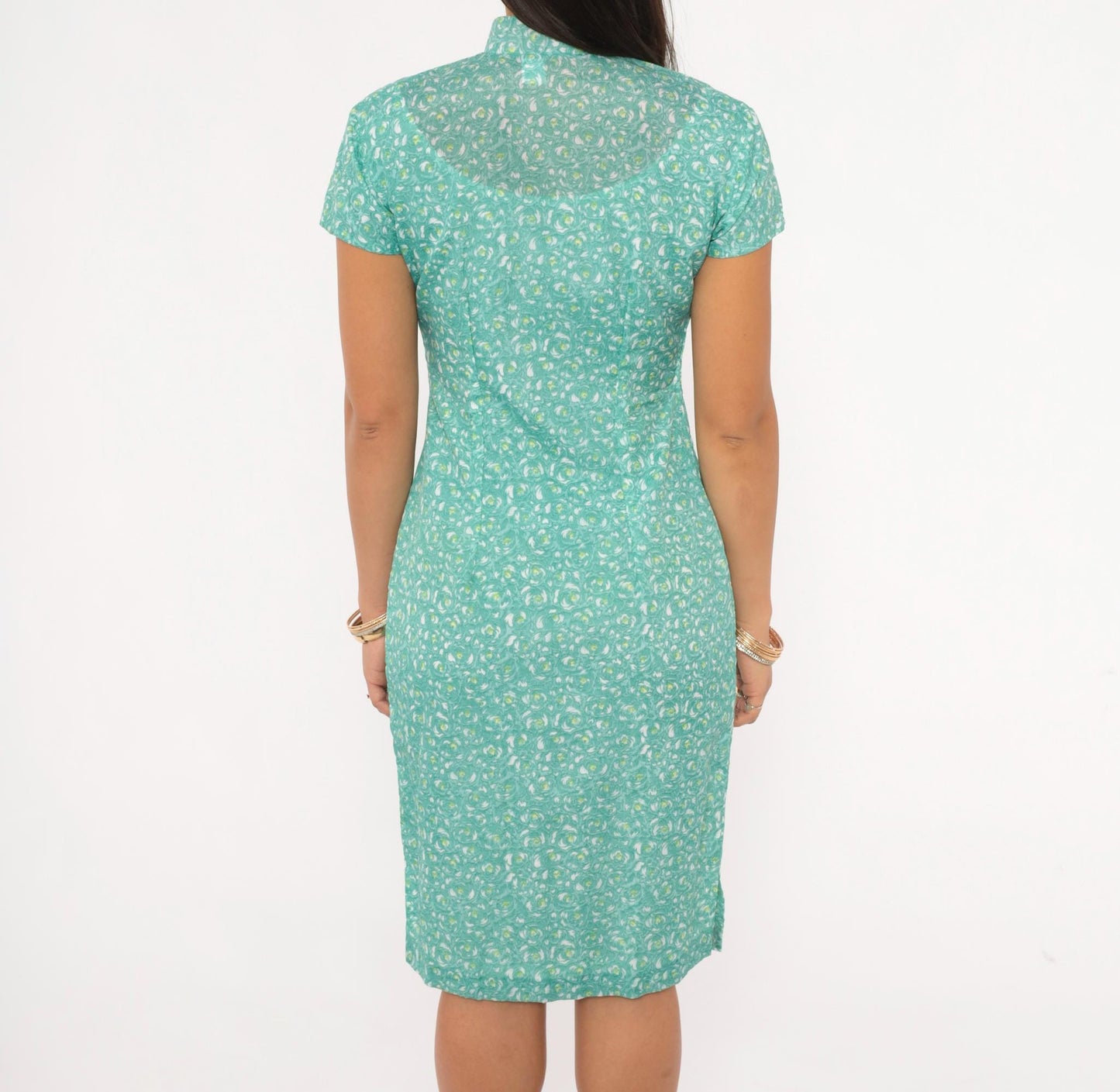 70s Cheongsam Dress Teal Floral Print Mandarin Collar Qipao Fitted Knee XS