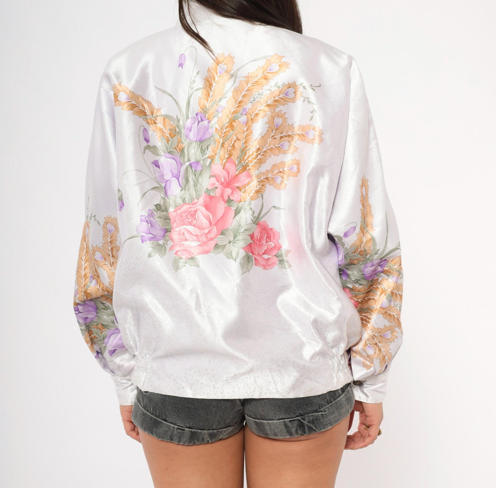 90s White Satin Floral Bomber Jacket Pink Purple Gold Roses Irises Medium M