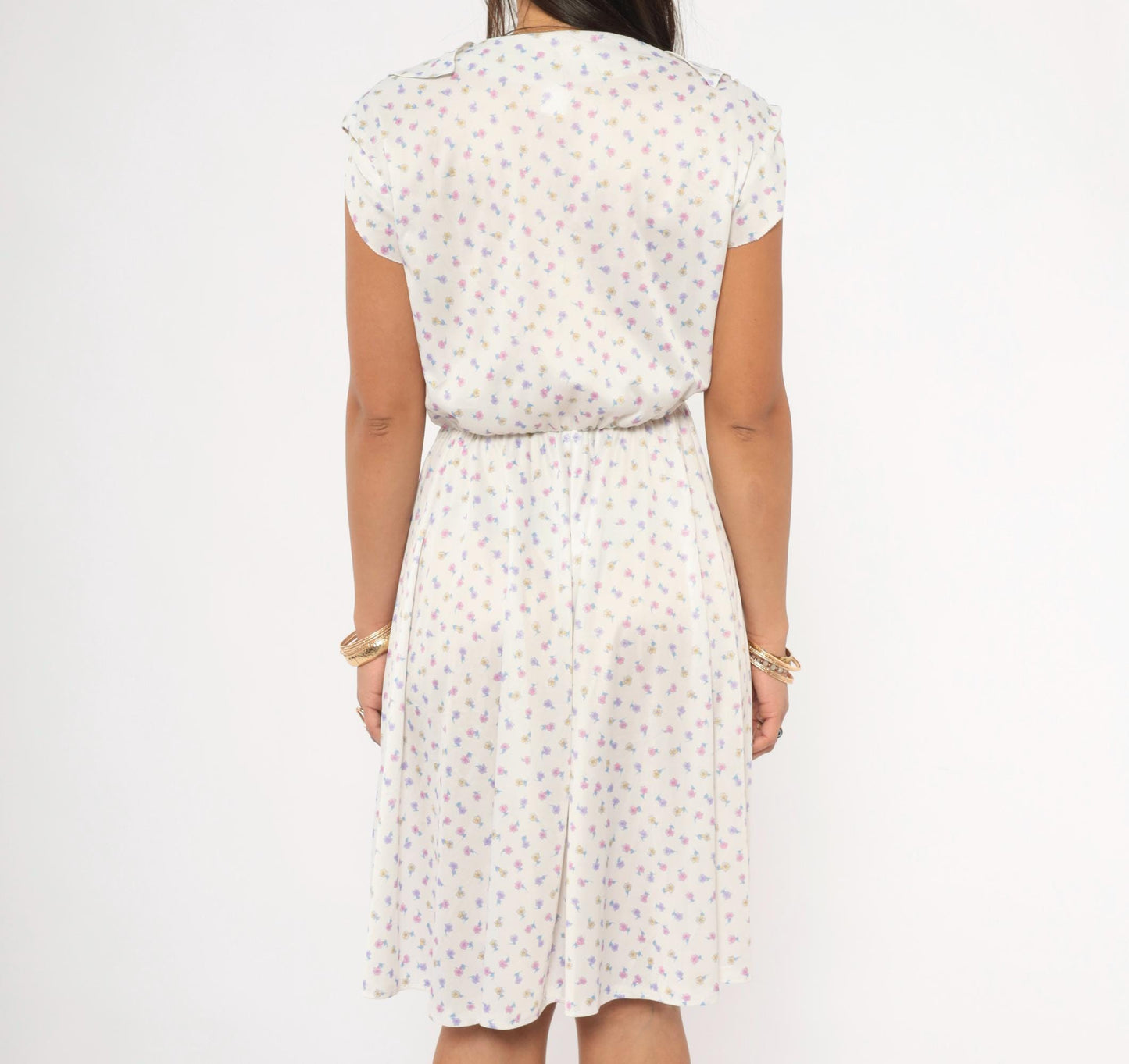70s Floral Sundress White Pink Lavender Ditsy Print V-Neck Ruffle Cap Sleeve Medium
