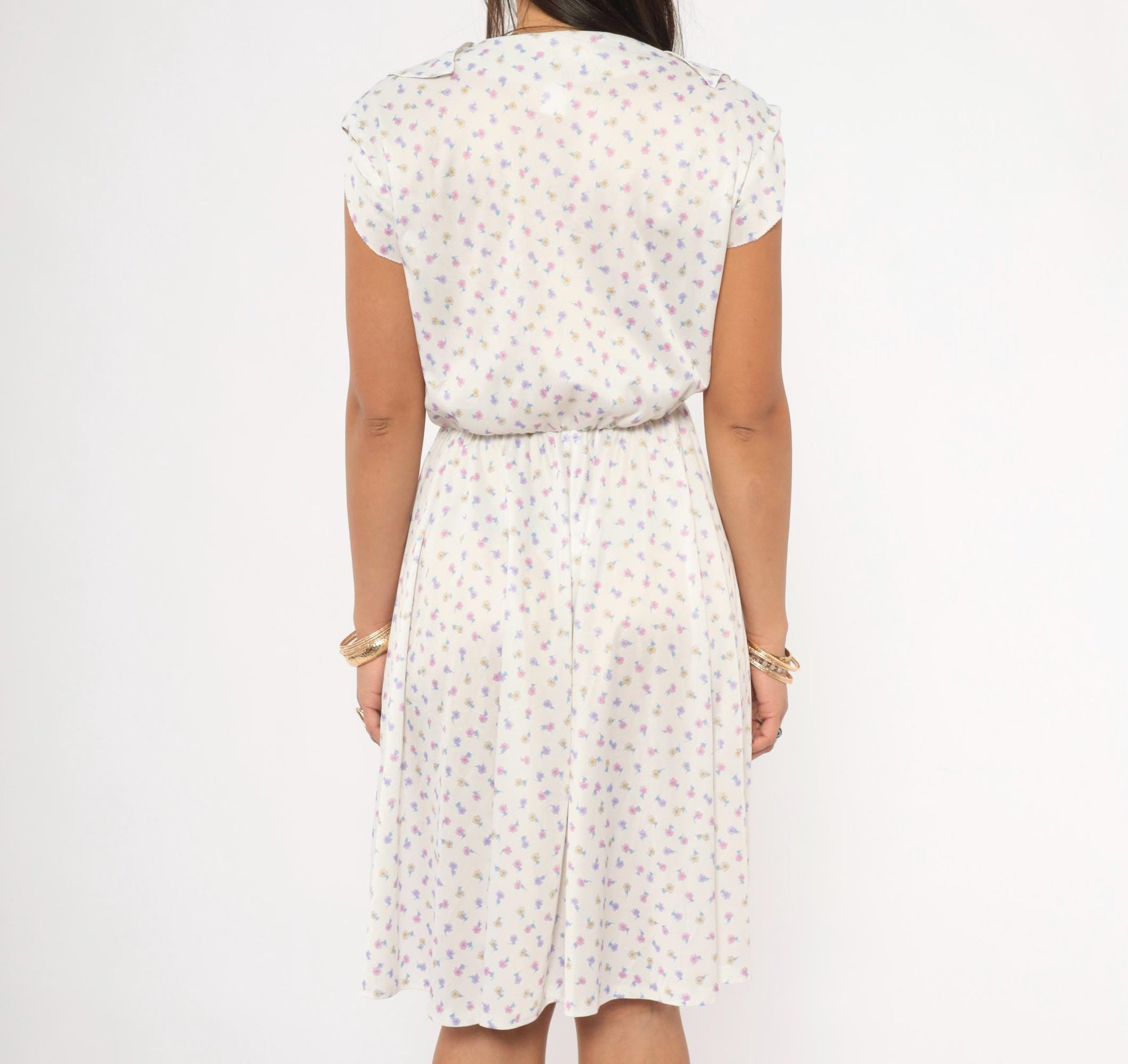 70s Floral Sundress White Pink Lavender Ditsy Print V-Neck Ruffle Cap Sleeve Medium