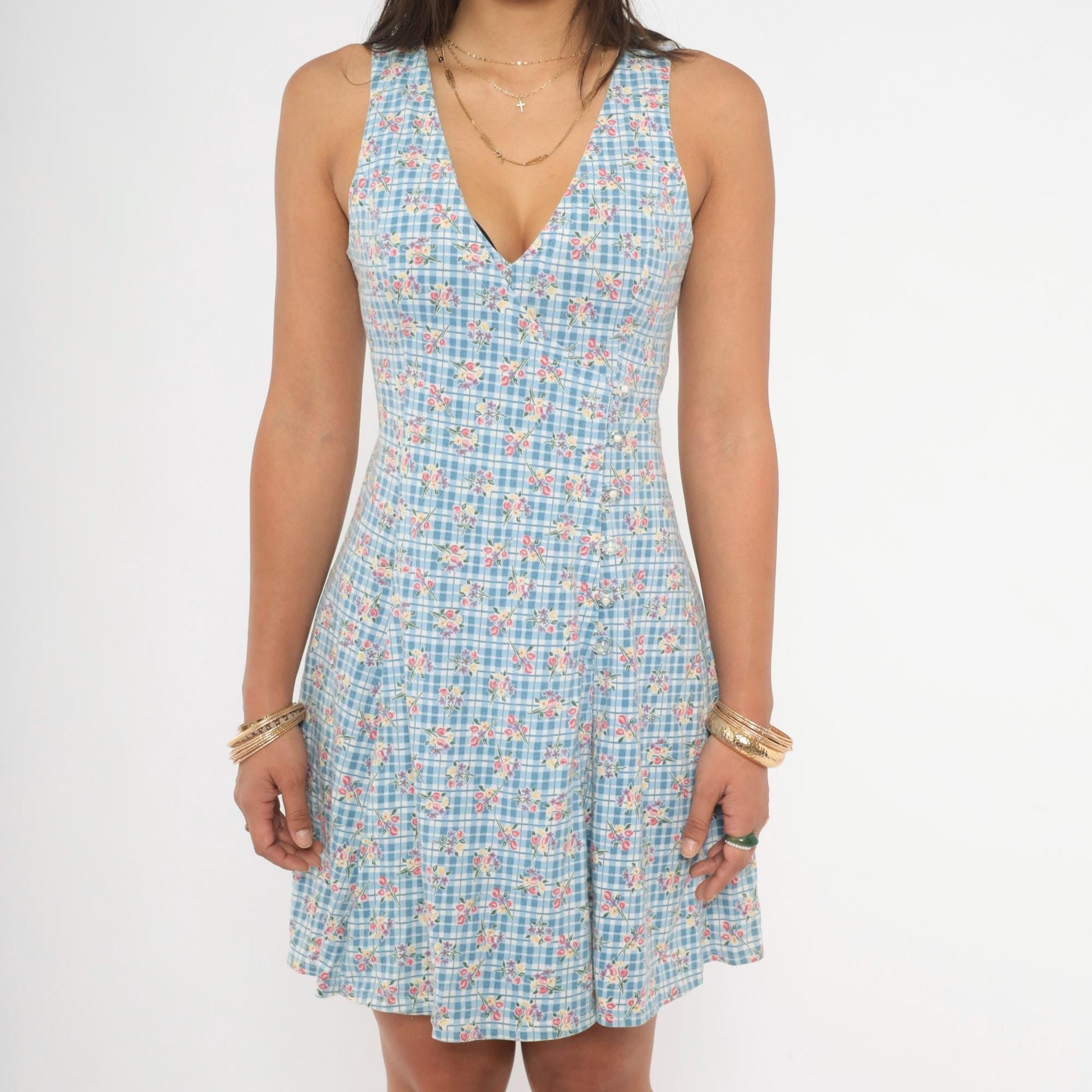 90s Blue Gingham Floral Playsuit Romper Mini Sleeveless Small S