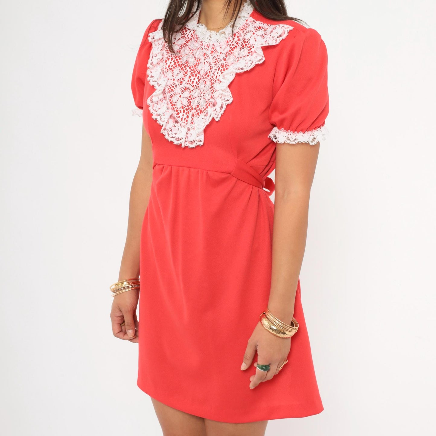 70s Red Mini Dress White Lace Bib Puff Sleeve A-Line Small S