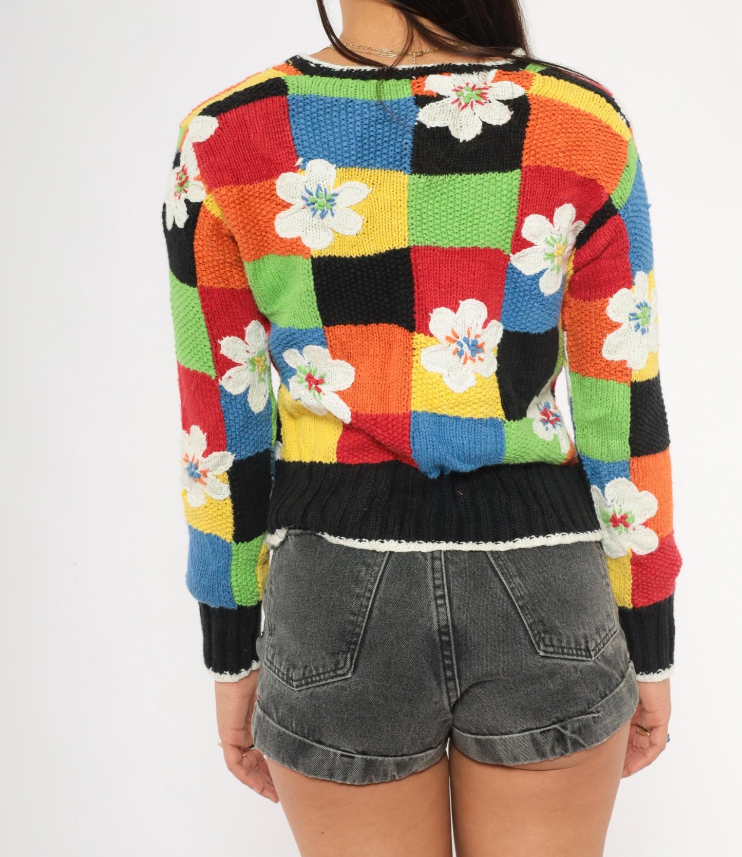 2000s Susan Bristol Patchwork Cardigan Colorblock Floral Applique Small S