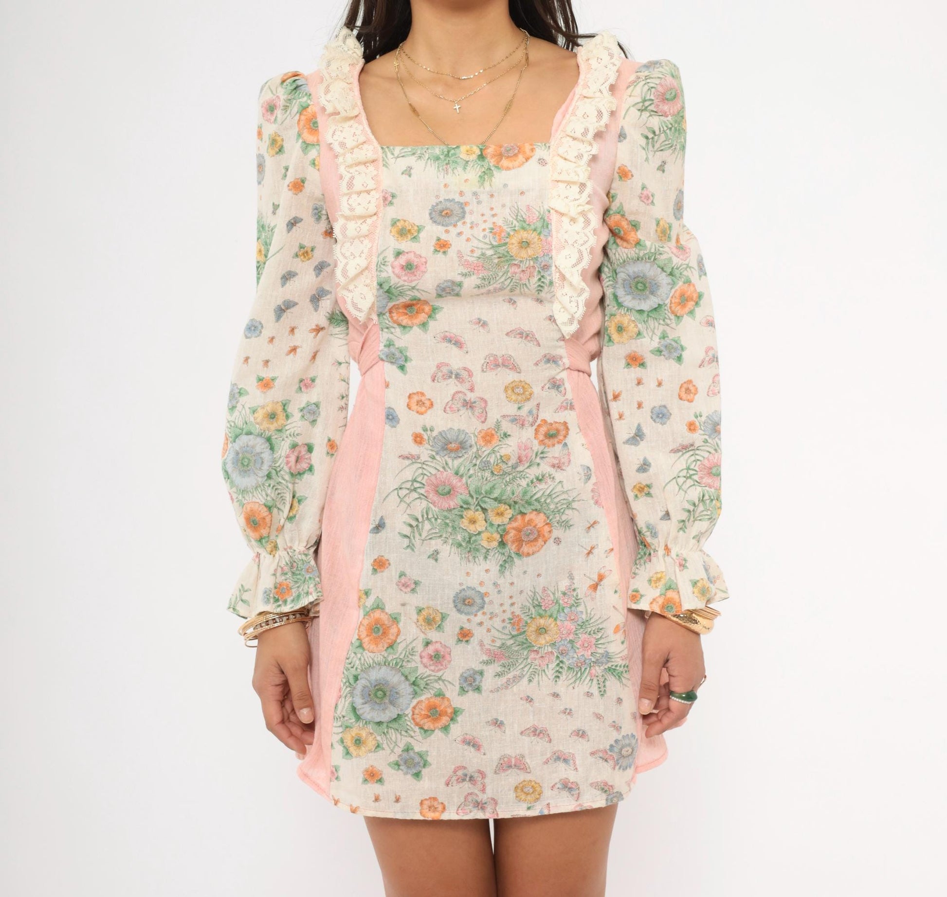 70s Floral Butterfly Mini Dress Pink Cream Puff Sleeve Square Neck Cotton Small