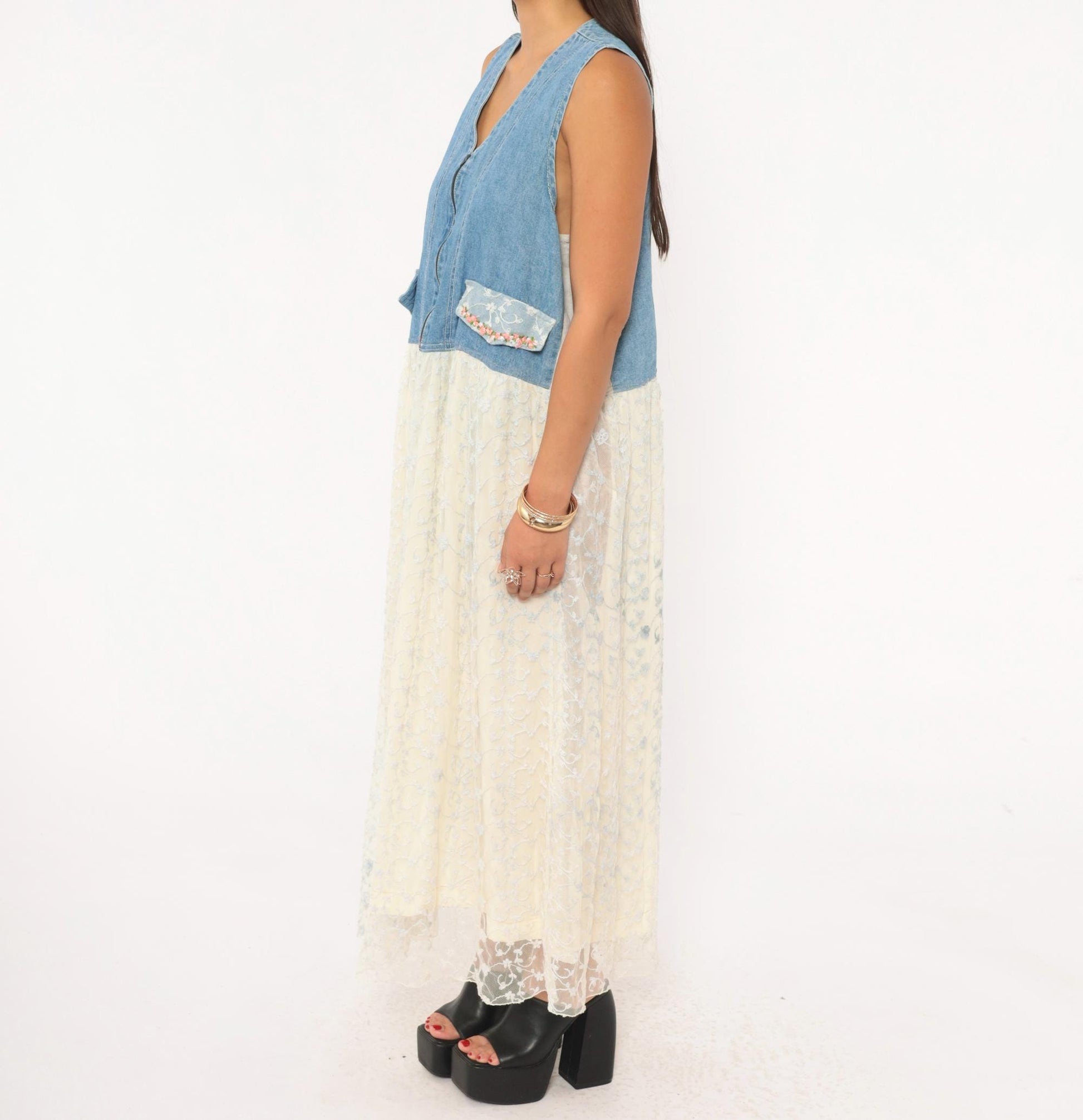 90s Modelle Designs Denim Lace Maxi Dress Sleeveless V Neck Floral Embroidered Cream Large L