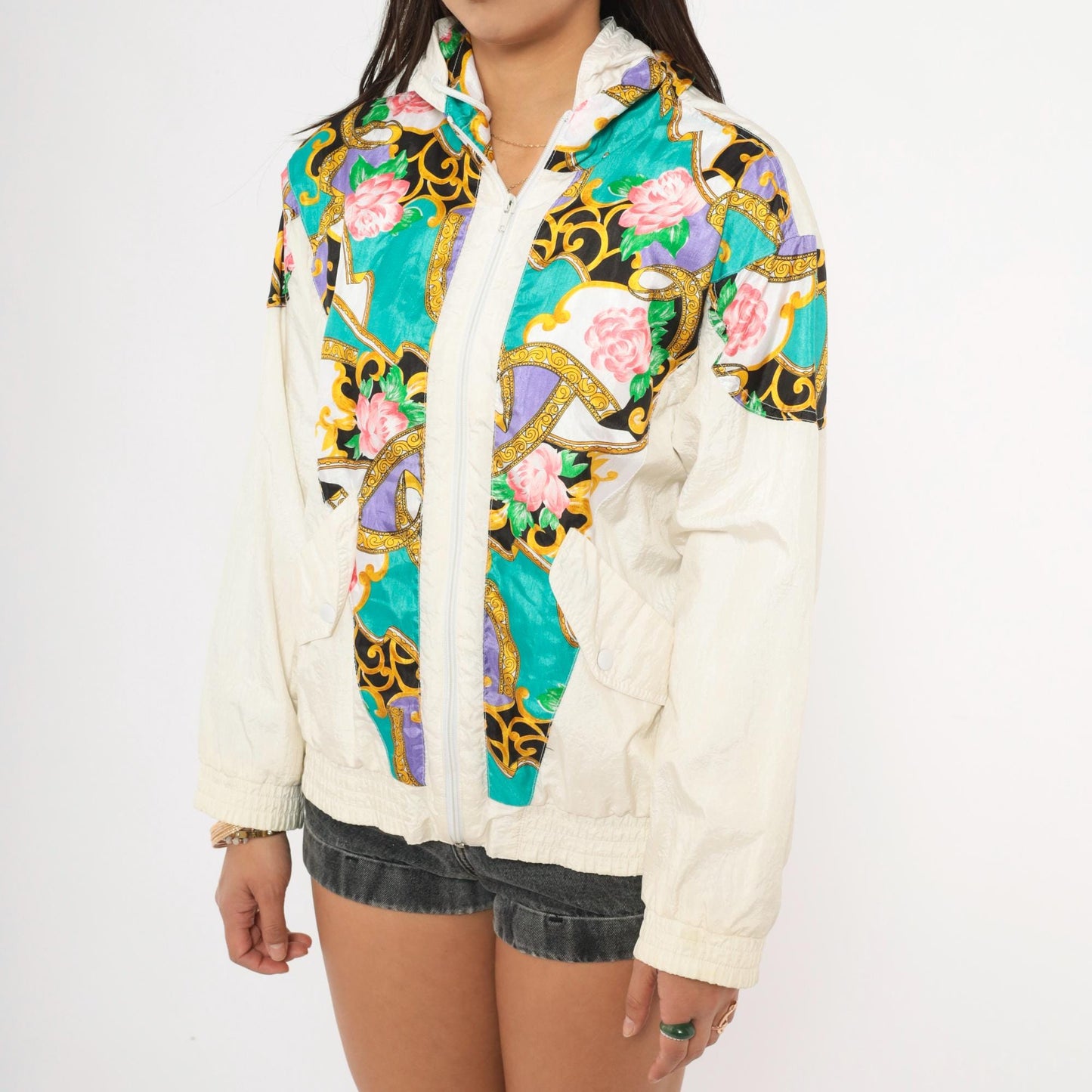 90s Sunterra Petite Baroque Rose Windbreaker Jacket Teal Gold Purple Pink Small