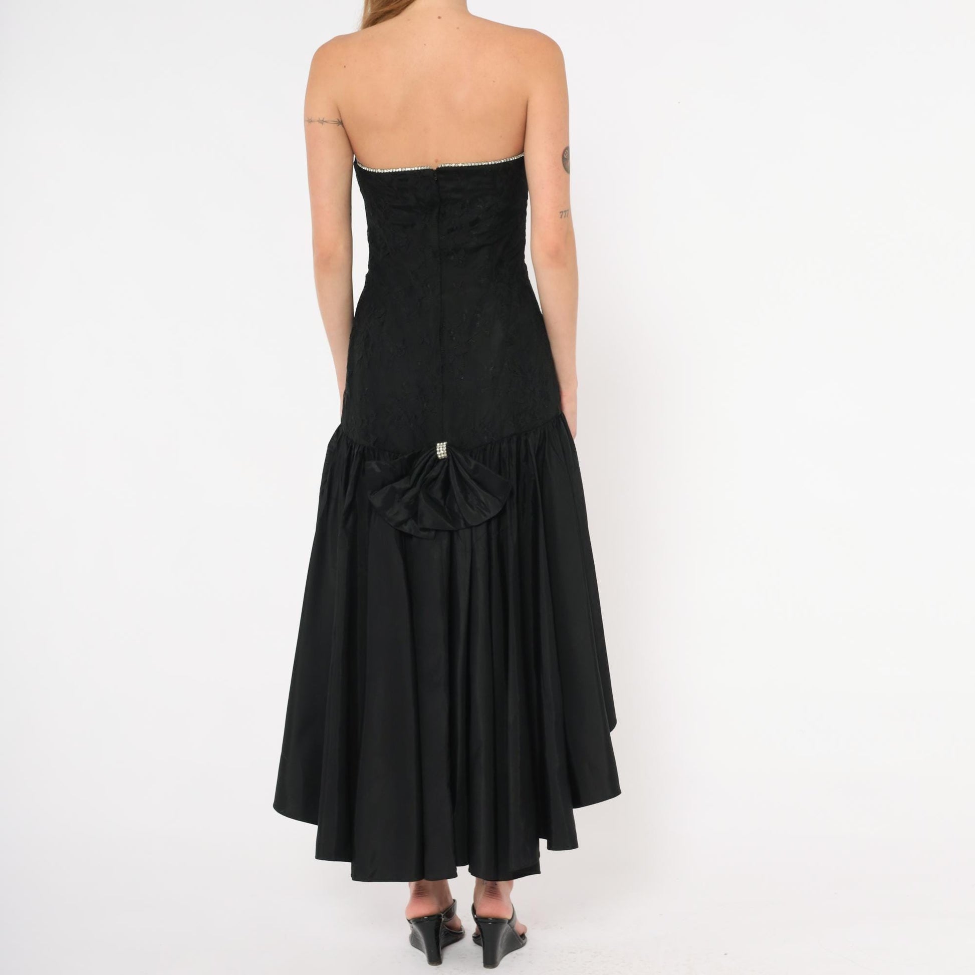 80s Jolie Madame Black Strapless Gown Lace Bodice Rhinestone Trim Small