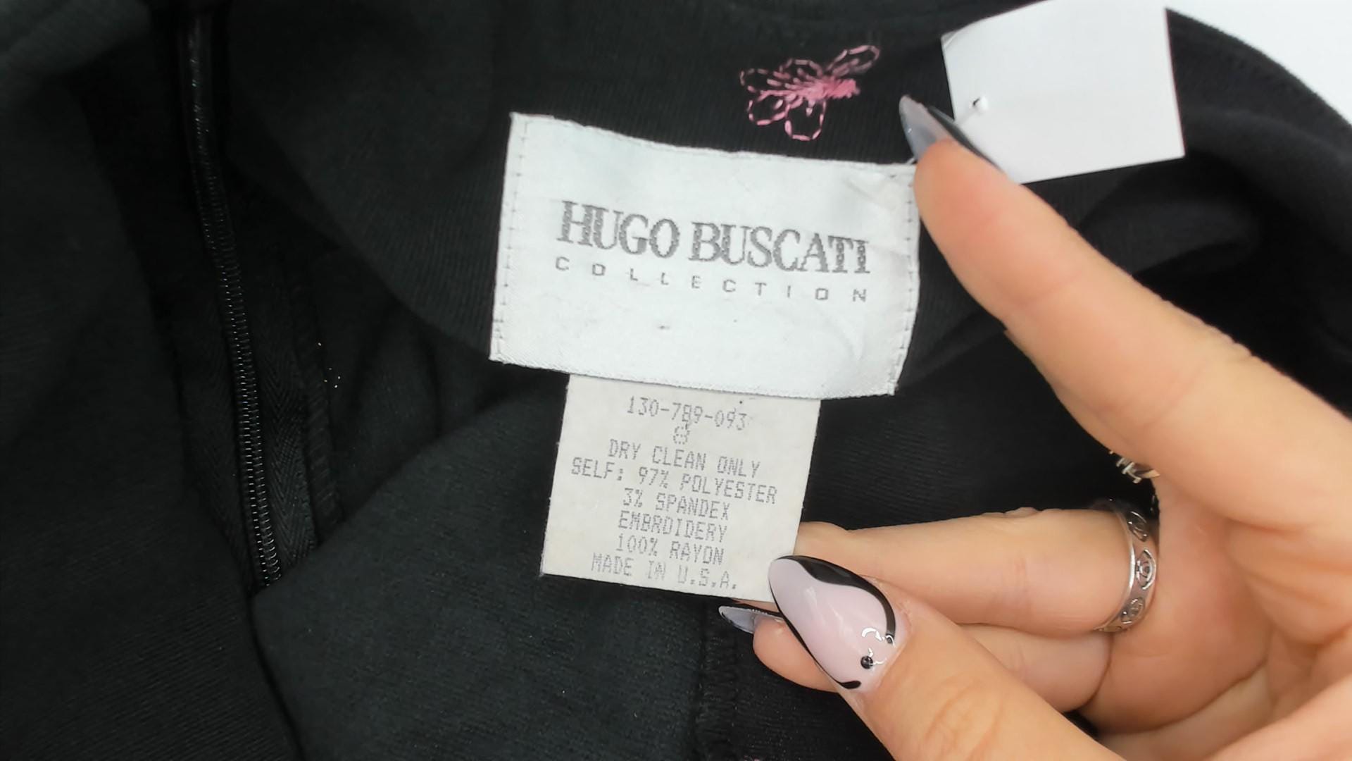 90s Hugo Buscati Black Halter Mini Dress Floral Embroidery Small Medium