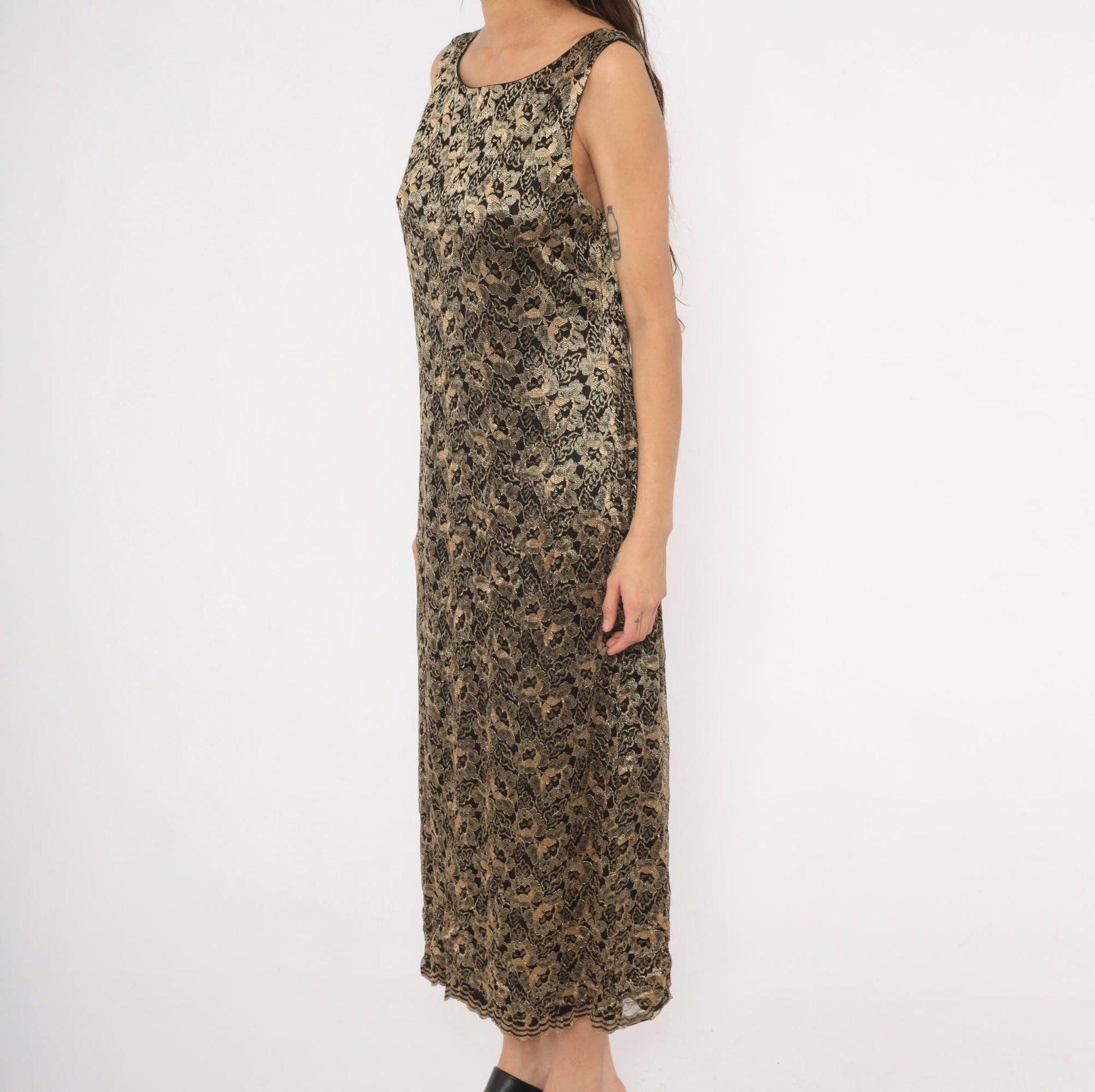 90s Jessica Howard Gold Floral Lace Maxi Dress Black Sleeveless Large L