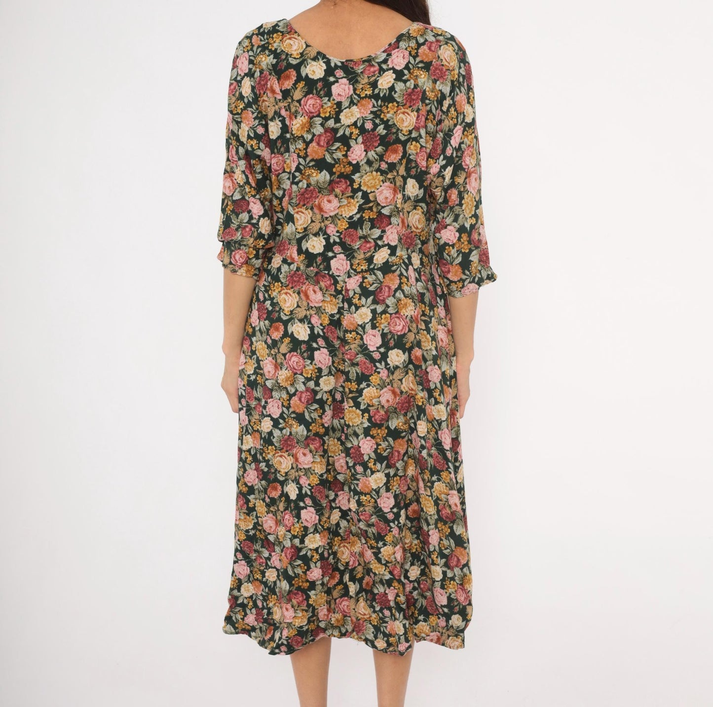 90s Paquette Floral Midi Dress Garden Rose Print Black Pink Burgundy Large L